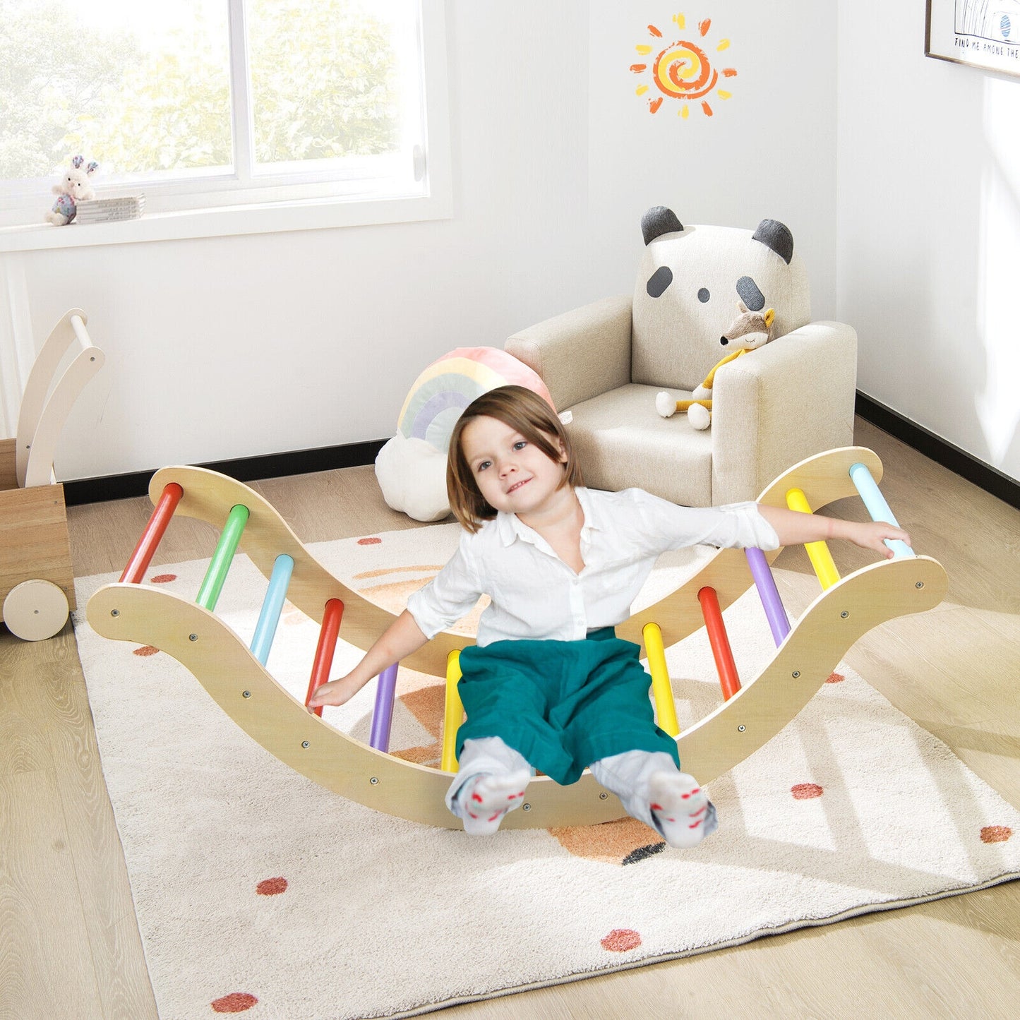 3-in-1 Kids Climber Set Wooden Arch Triangle Rocker with Ramp and Mat Kids Crystal