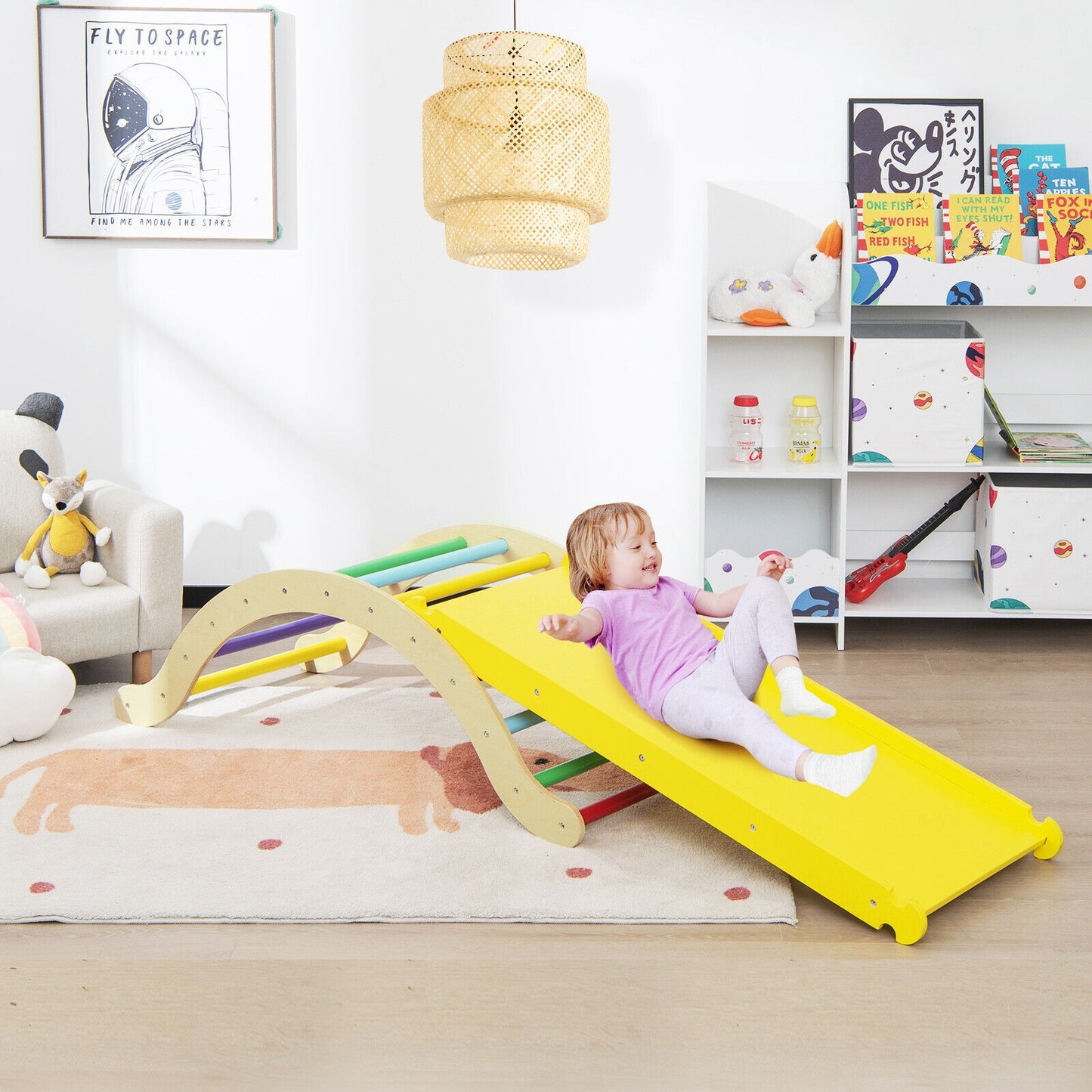 3-in-1 Kids Climber Set Wooden Arch Triangle Rocker with Ramp and Mat Kids Crystal