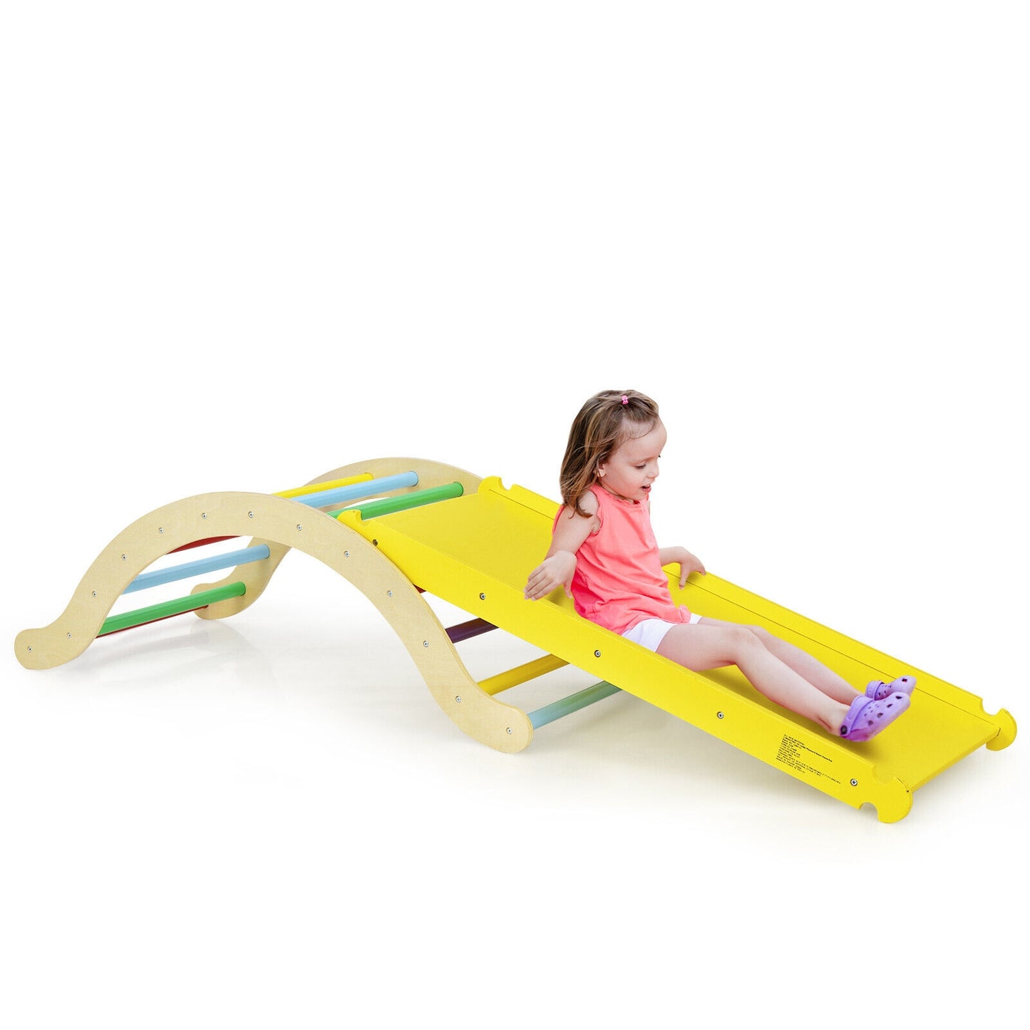 3-in-1 Kids Climber Set Wooden Arch Triangle Rocker with Ramp and Mat Kids Crystal