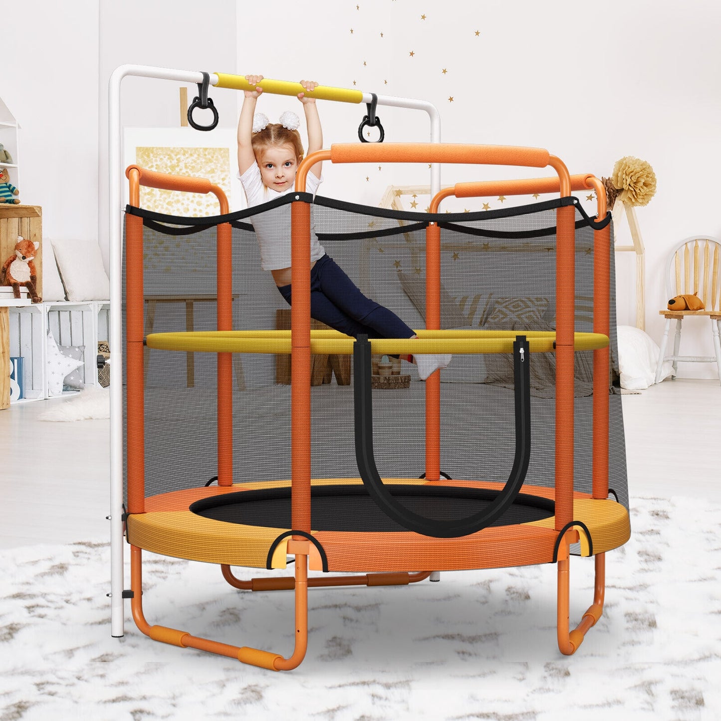 5 Feet Kids 3-in-1 Game Trampoline with Enclosure Net Spring Pad-Orange Kids Crystal
