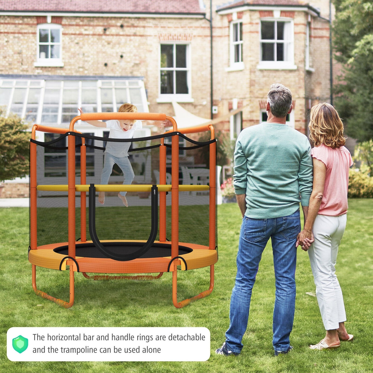 5 Feet Kids 3-in-1 Game Trampoline with Enclosure Net Spring Pad-Orange Kids Crystal