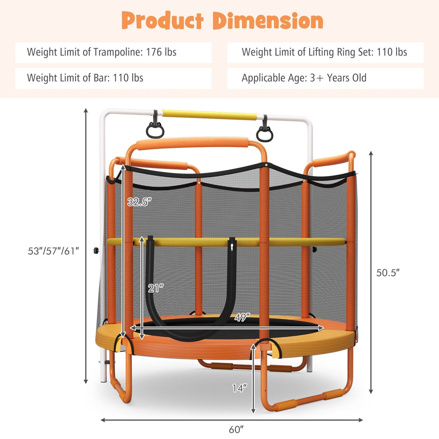5 Feet Kids 3-in-1 Game Trampoline with Enclosure Net Spring Pad-Orange Kids Crystal