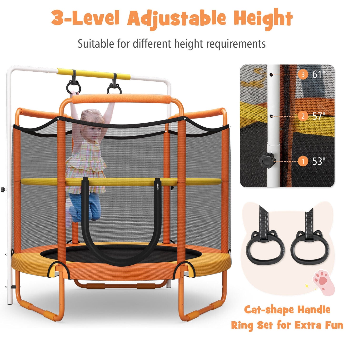 5 Feet Kids 3-in-1 Game Trampoline with Enclosure Net Spring Pad-Orange Kids Crystal