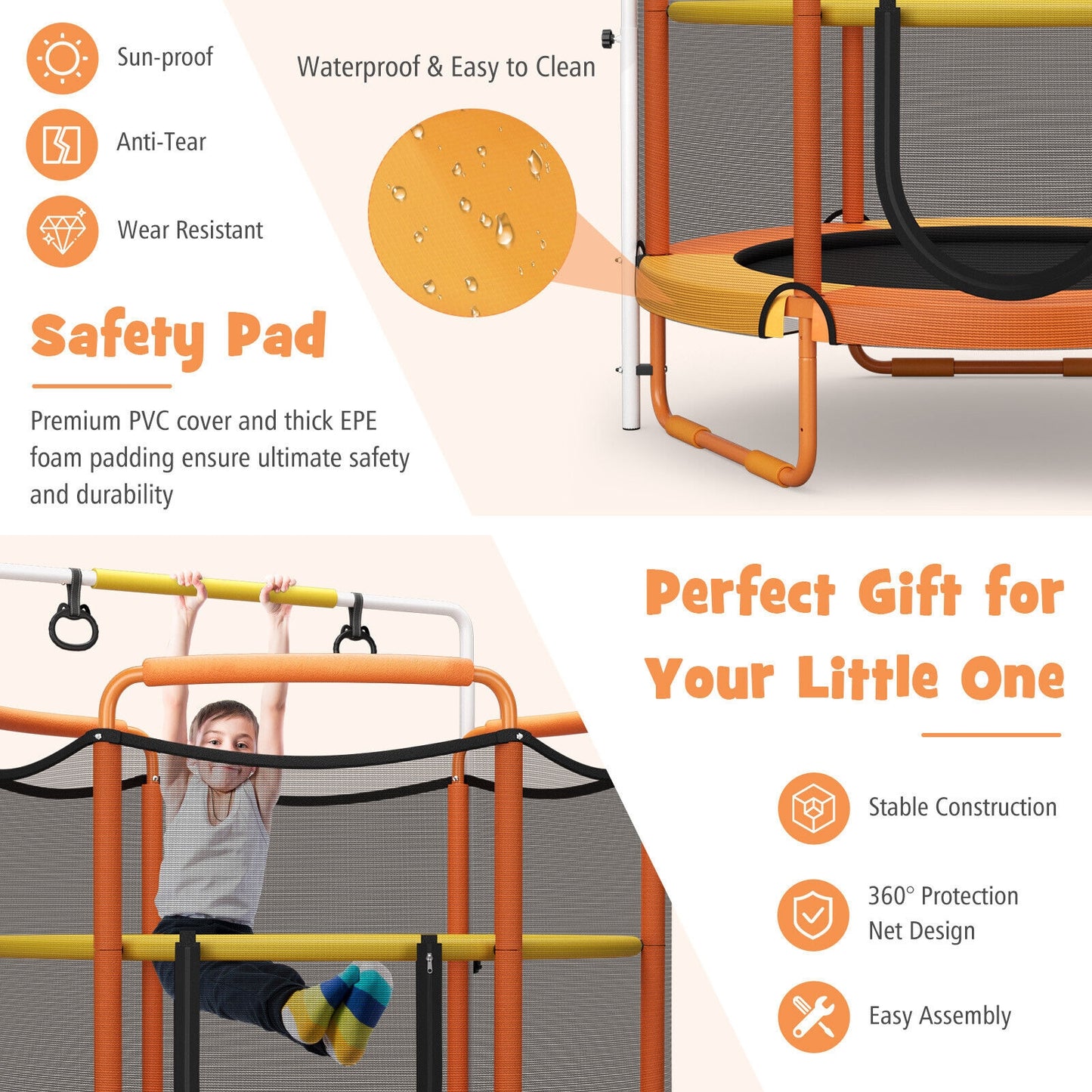 5 Feet Kids 3-in-1 Game Trampoline with Enclosure Net Spring Pad-Orange Kids Crystal