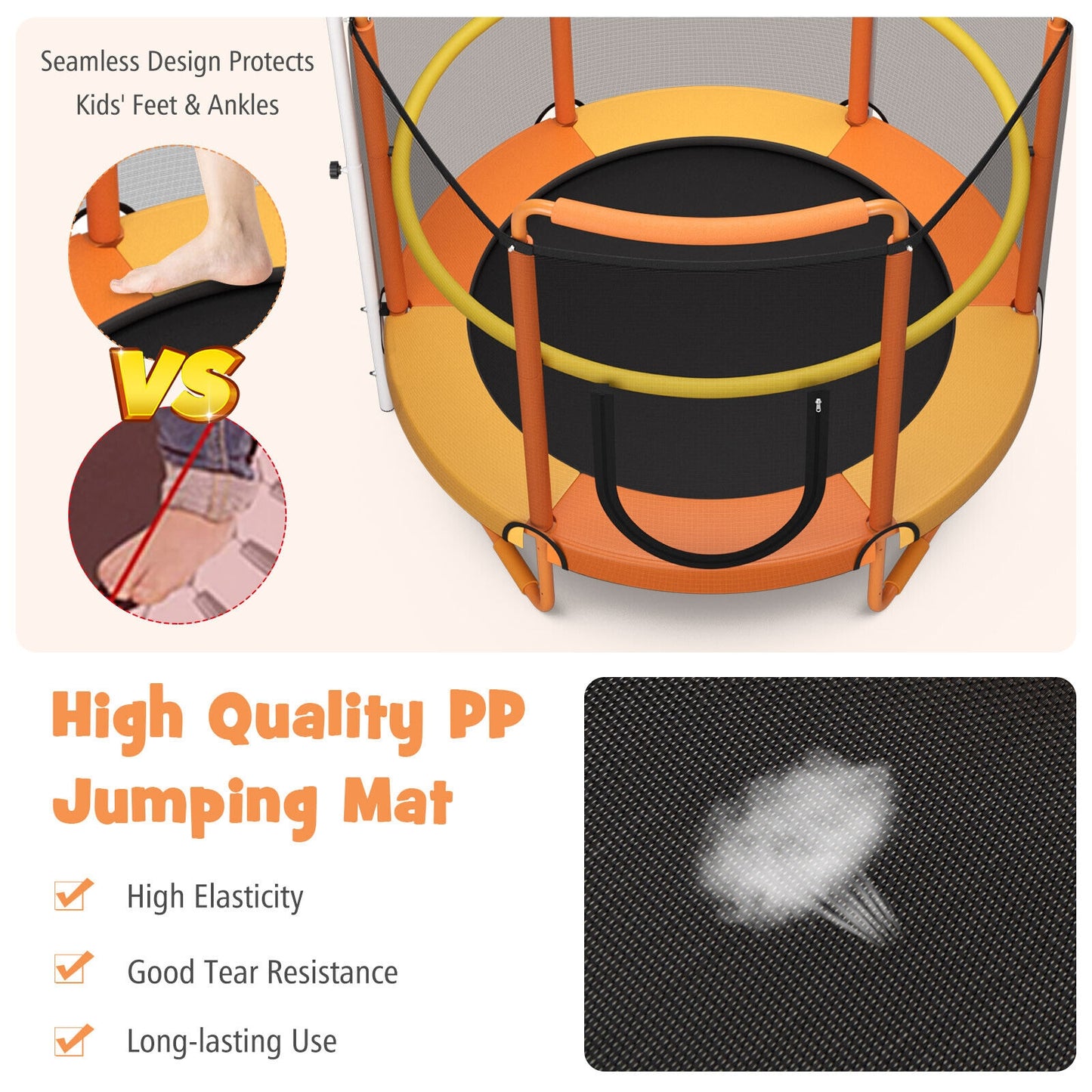 5 Feet Kids 3-in-1 Game Trampoline with Enclosure Net Spring Pad-Orange Kids Crystal