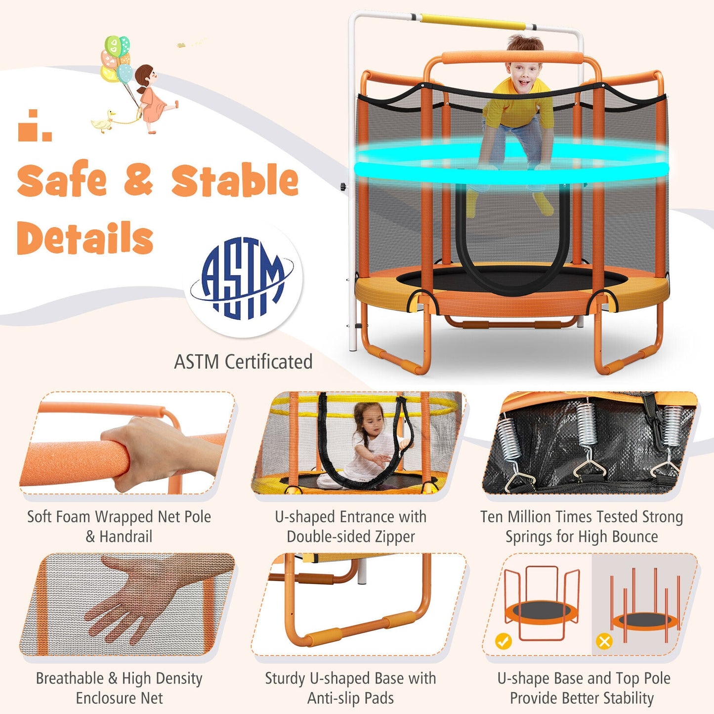 5 Feet Kids 3-in-1 Game Trampoline with Enclosure Net Spring Pad-Orange Kids Crystal