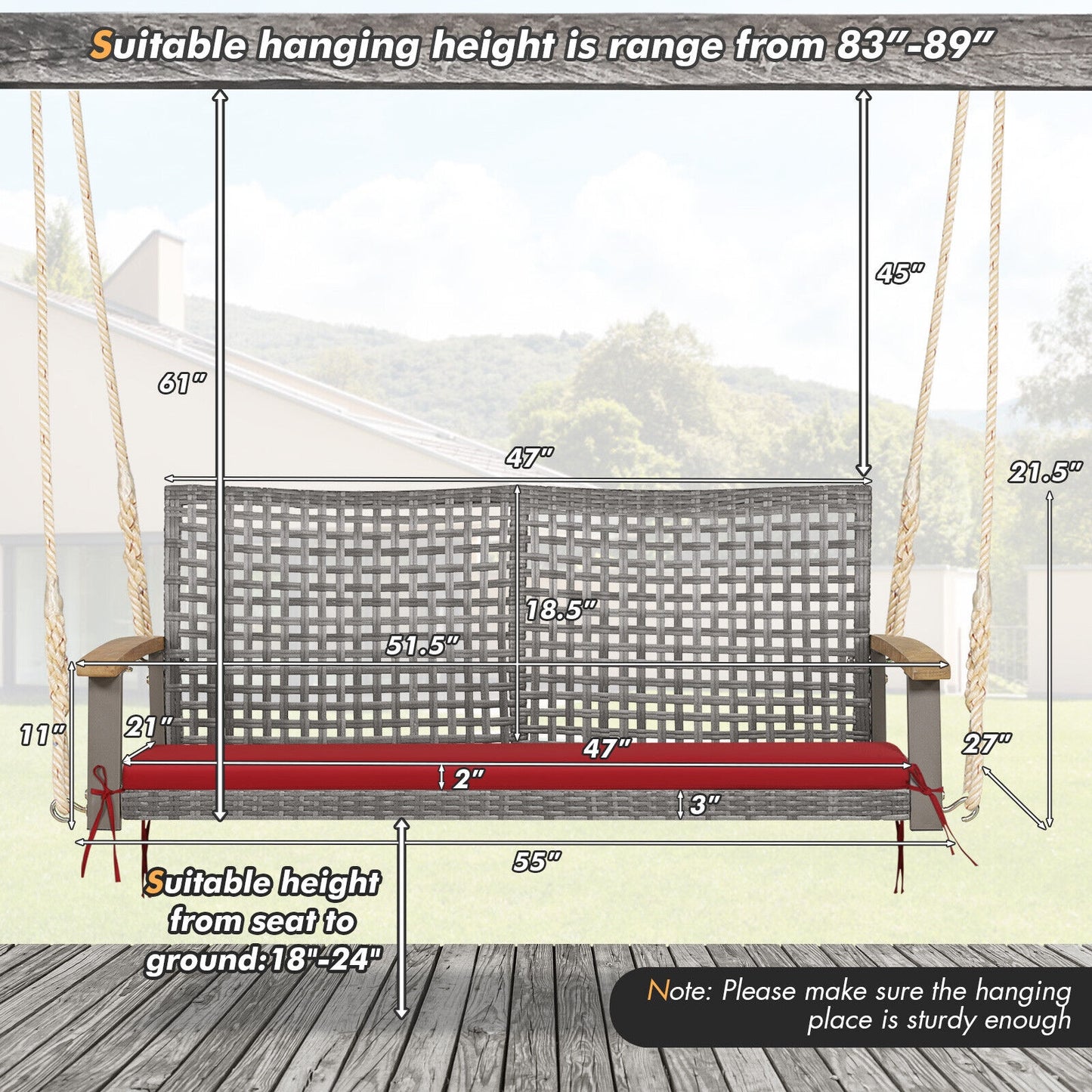 2-Person Patio Wicker Hanging Swing Chair-Red Kids Crystal