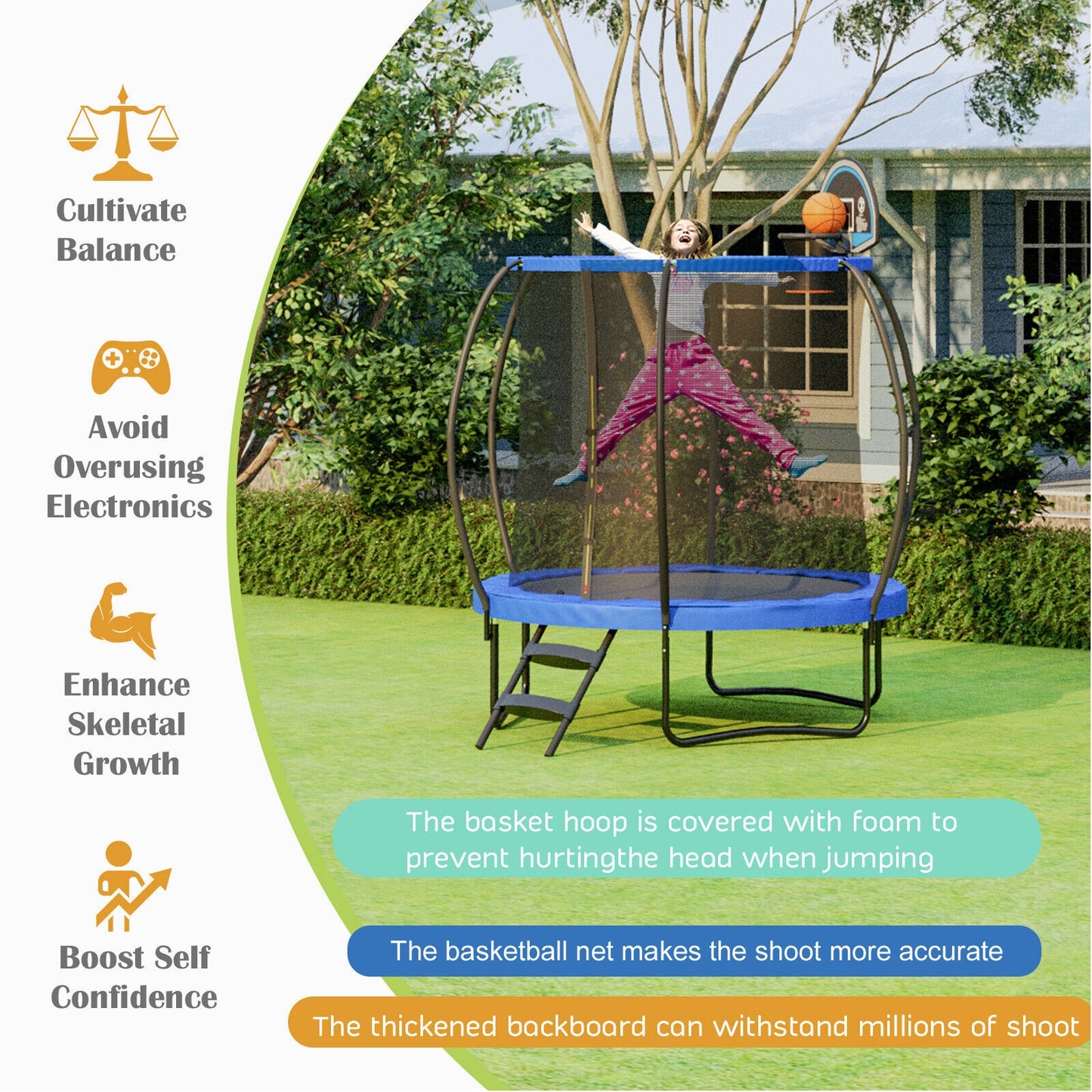 8 Feet Recreational Trampoline with Basketball Hoop and Net Ladder Kids Crystal