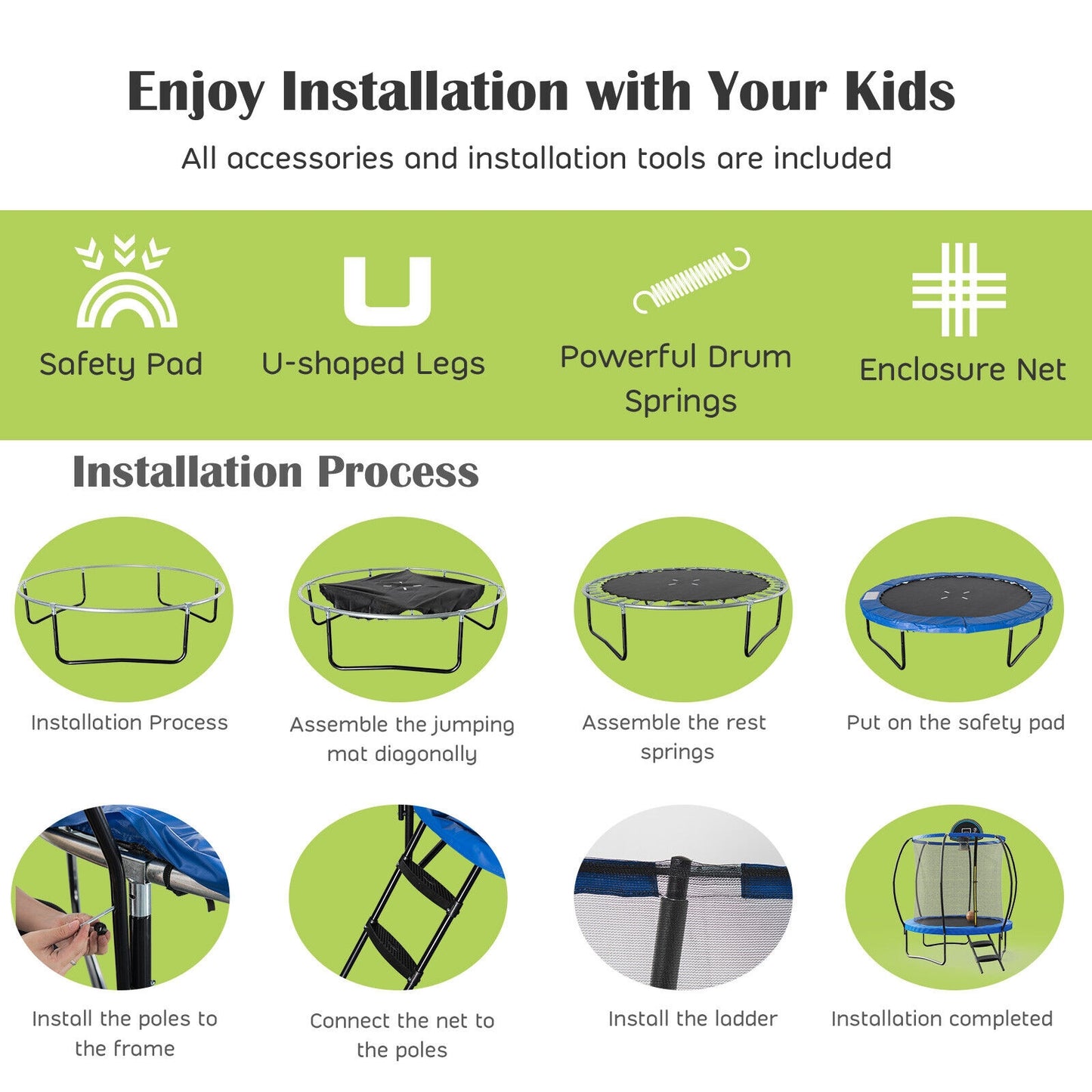 8 Feet Recreational Trampoline with Basketball Hoop and Net Ladder Kids Crystal