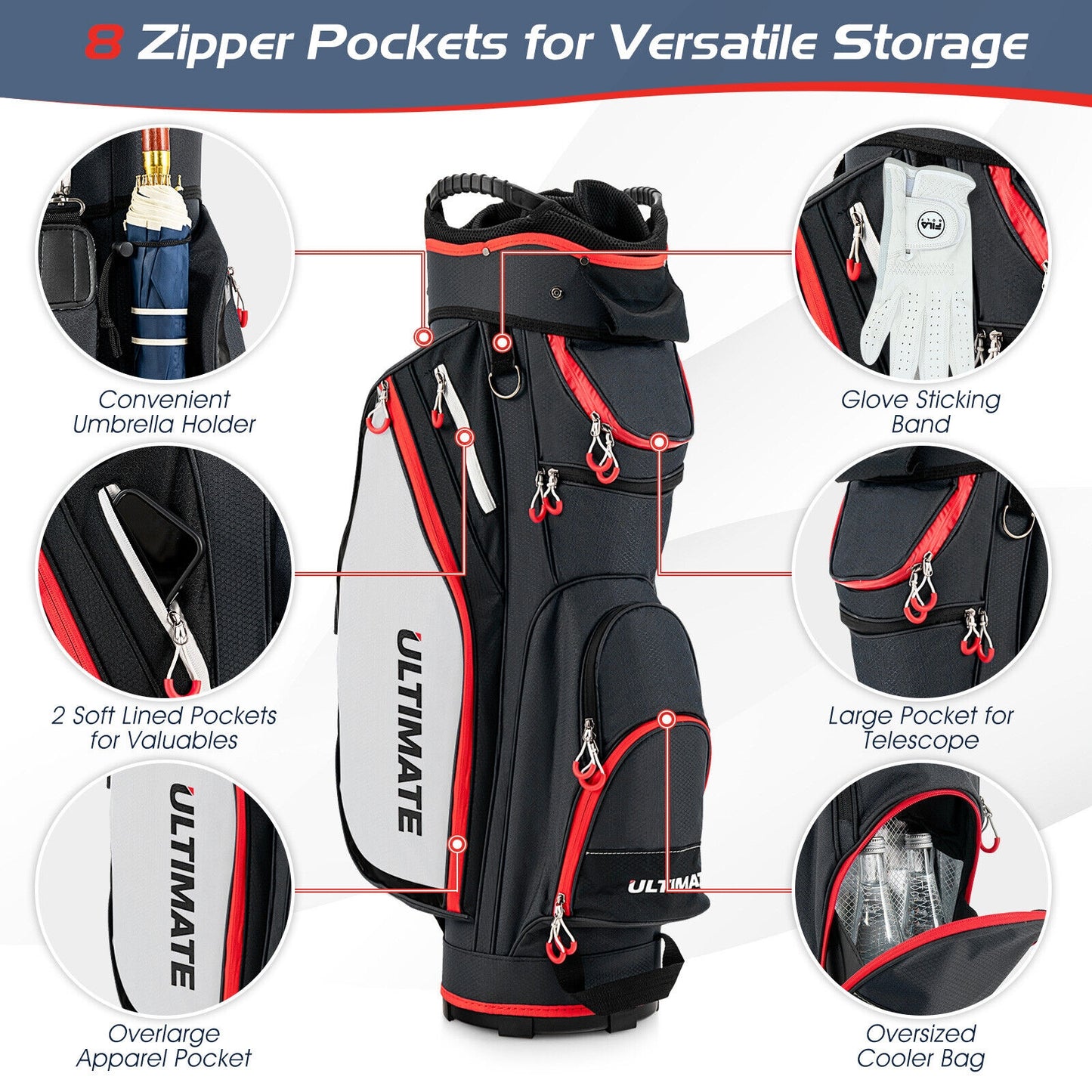 9.5 Inch Golf Cart Bag with 14 Way Dividers Top Organizer-Black Kids Crystal