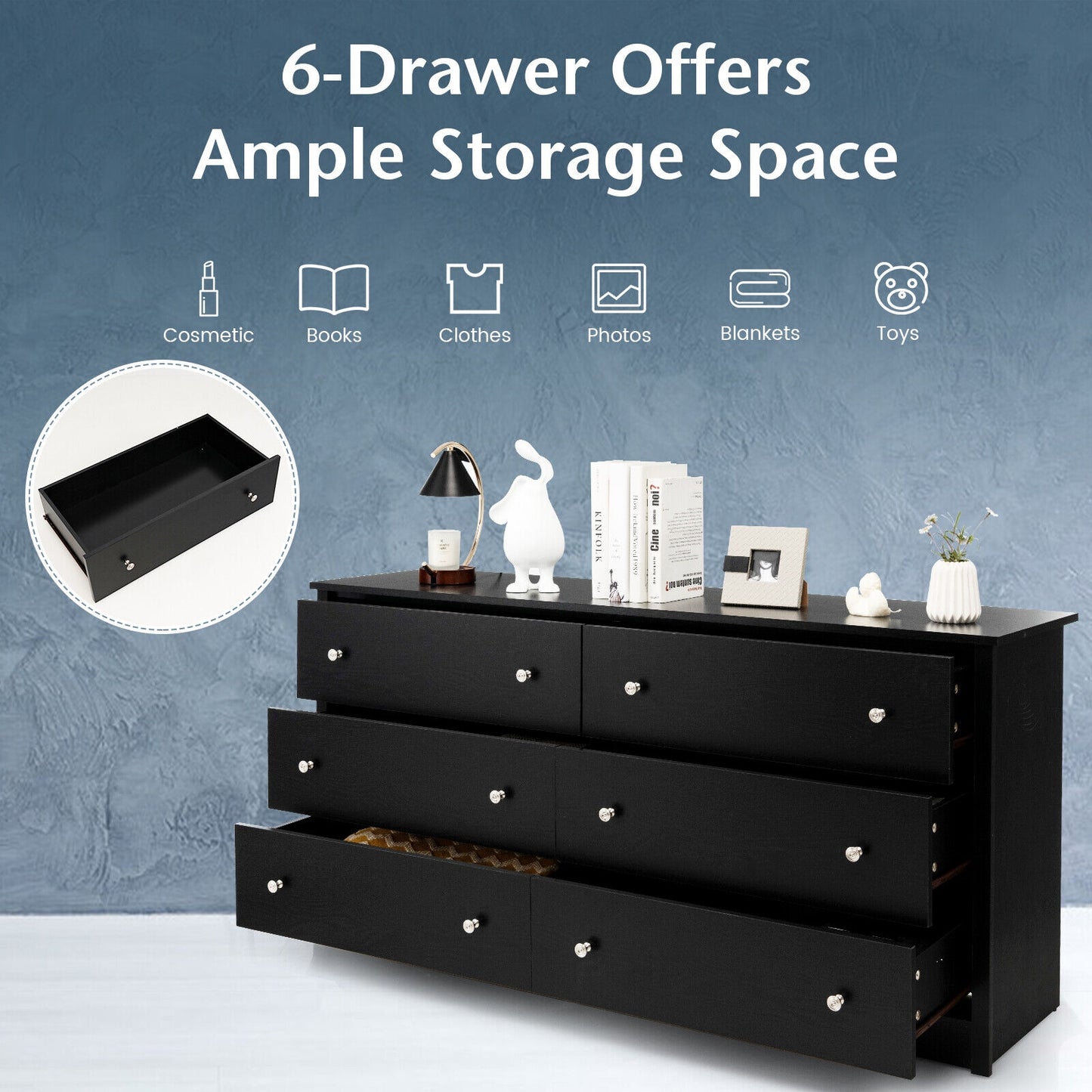 Freestanding 6-Drawer Dresser with Mental Knobs for Bedroom Kids Crystal