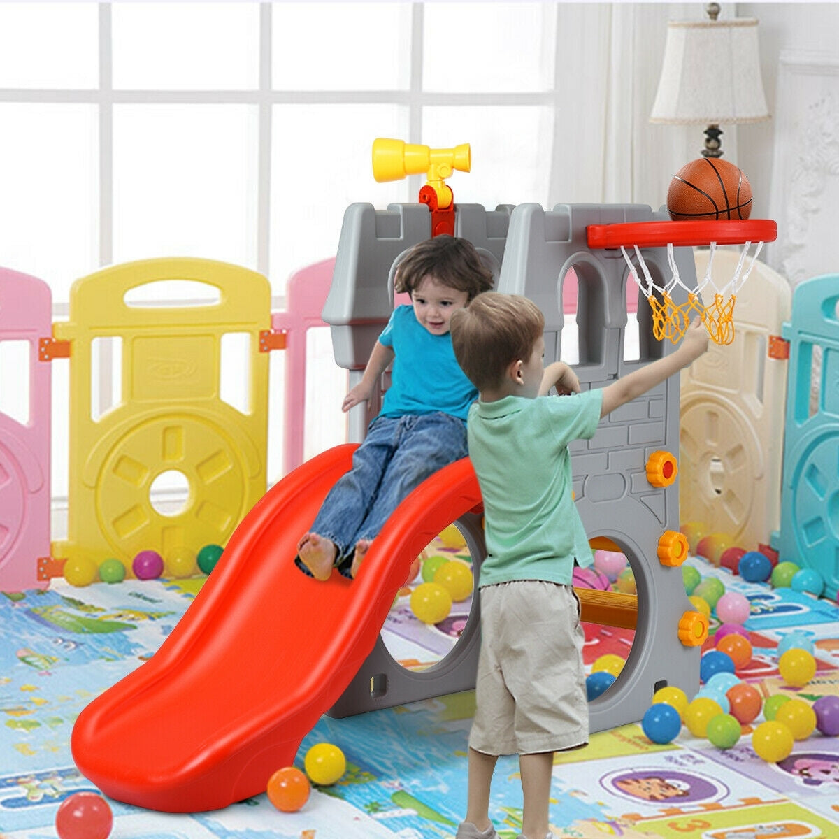 5 in 1 Toddler Climber Slide Playset with Basketball Hoop and Telescope Kids Crystal