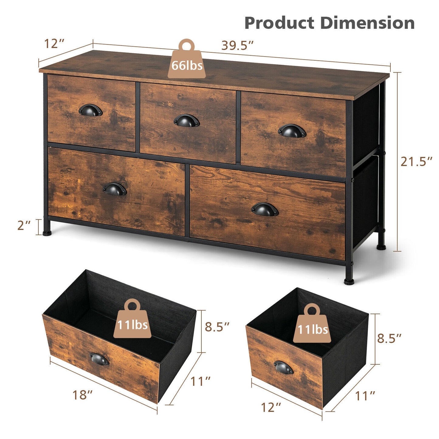 Dresser Organizer with 5 Drawers and Wooden Top-Rustic Brown Kids Crystal