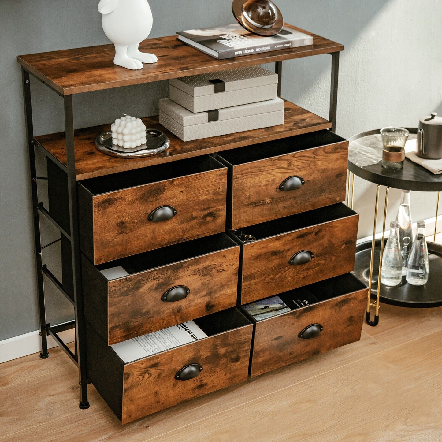 2-Tier Storage Chest with Wooden Top and 6 Fabric Drawers-Rustic Brown Kids Crystal