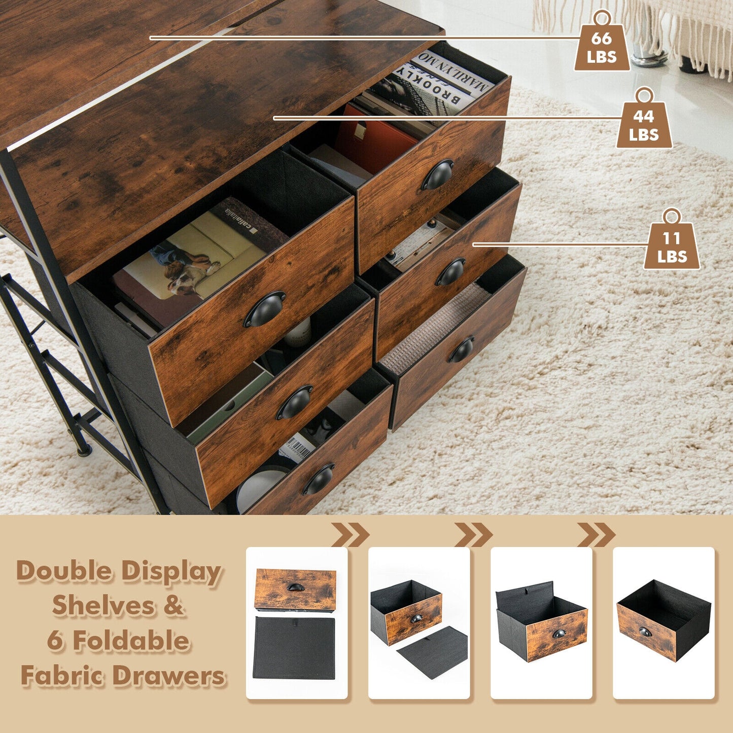 2-Tier Storage Chest with Wooden Top and 6 Fabric Drawers-Rustic Brown Kids Crystal
