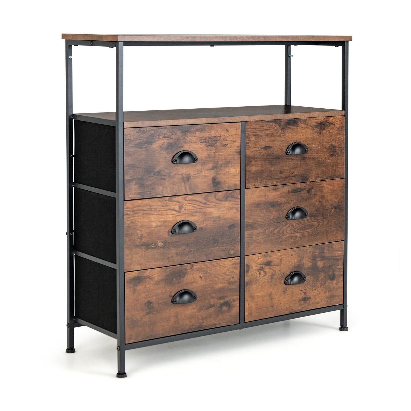 2-Tier Storage Chest with Wooden Top and 6 Fabric Drawers-Rustic Brown Kids Crystal