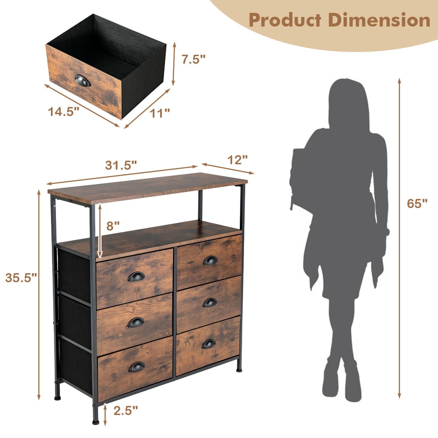 2-Tier Storage Chest with Wooden Top and 6 Fabric Drawers-Rustic Brown Kids Crystal