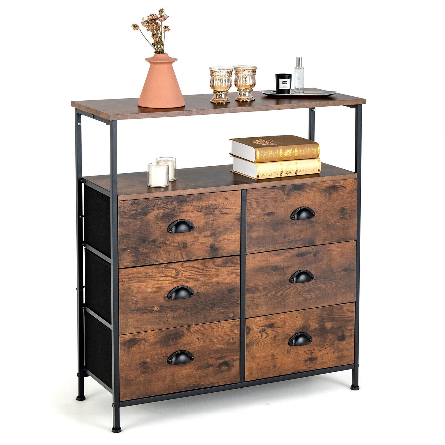 2-Tier Storage Chest with Wooden Top and 6 Fabric Drawers-Rustic Brown Kids Crystal
