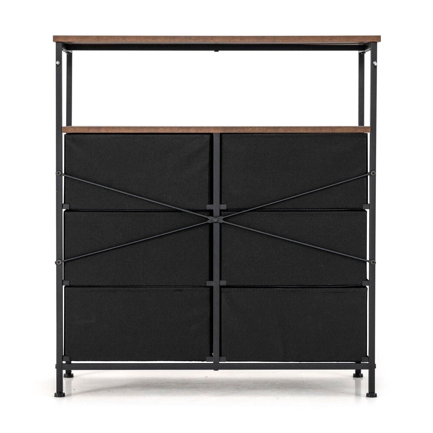 2-Tier Storage Chest with Wooden Top and 6 Fabric Drawers-Rustic Brown Kids Crystal