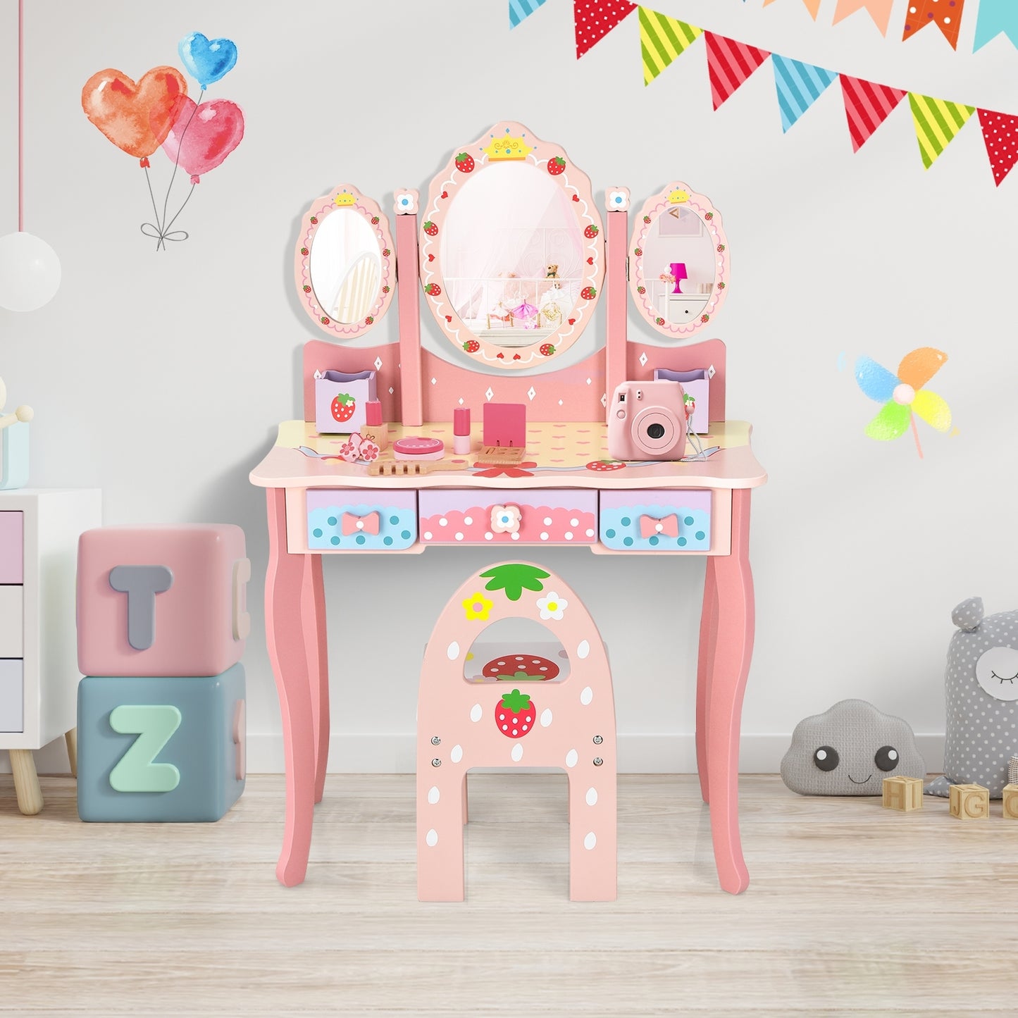 Kids Vanity Princess Makeup Dressing Table Chair Set with Tri-fold Mirror-Pink Kids Crystal
