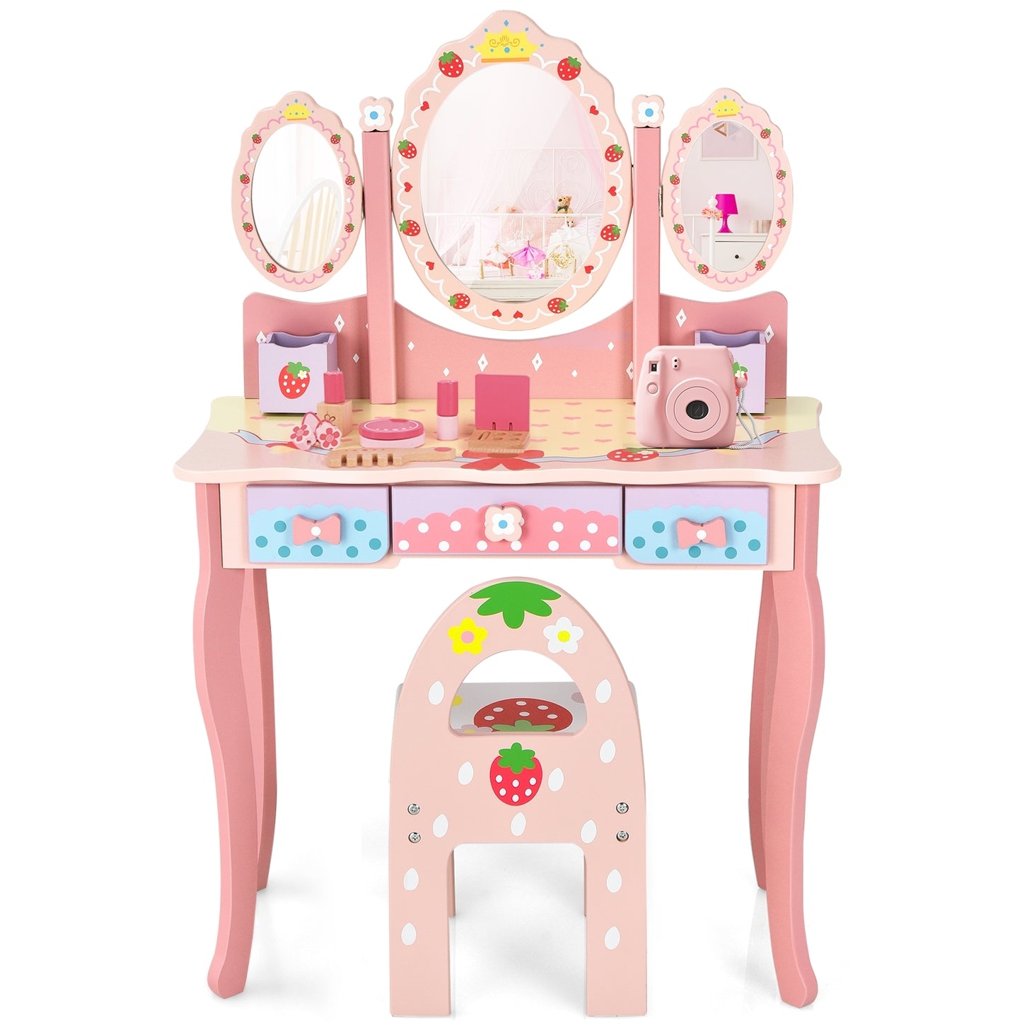 Kids Vanity Princess Makeup Dressing Table Chair Set with Tri-fold Mirror-Pink Kids Crystal