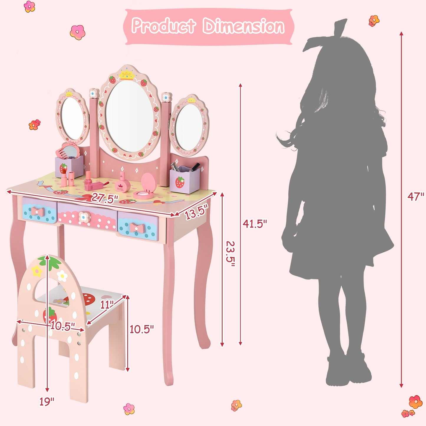 Kids Vanity Princess Makeup Dressing Table Chair Set with Tri-fold Mirror-Pink Kids Crystal