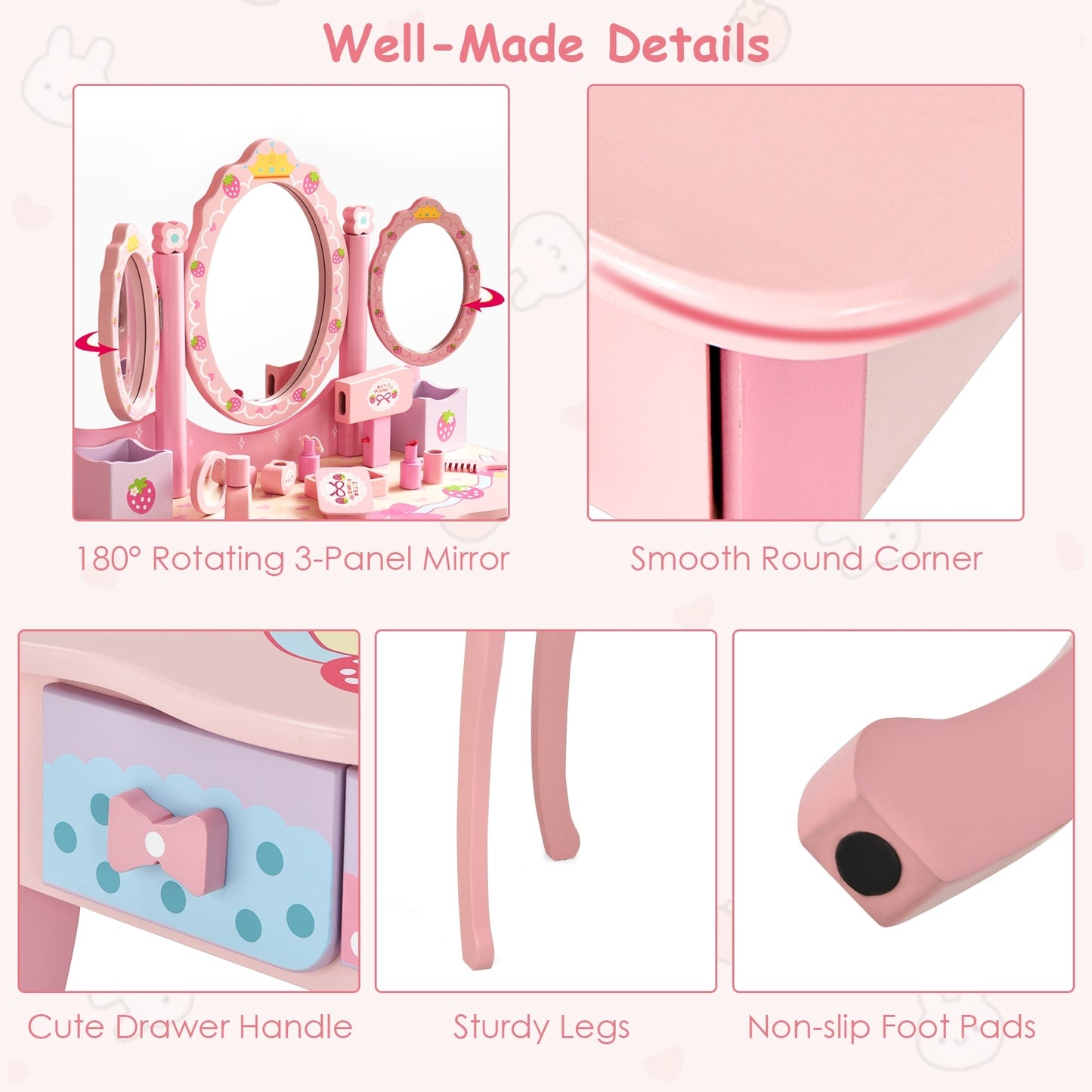 Kids Vanity Princess Makeup Dressing Table Chair Set with Tri-fold Mirror-Pink Kids Crystal