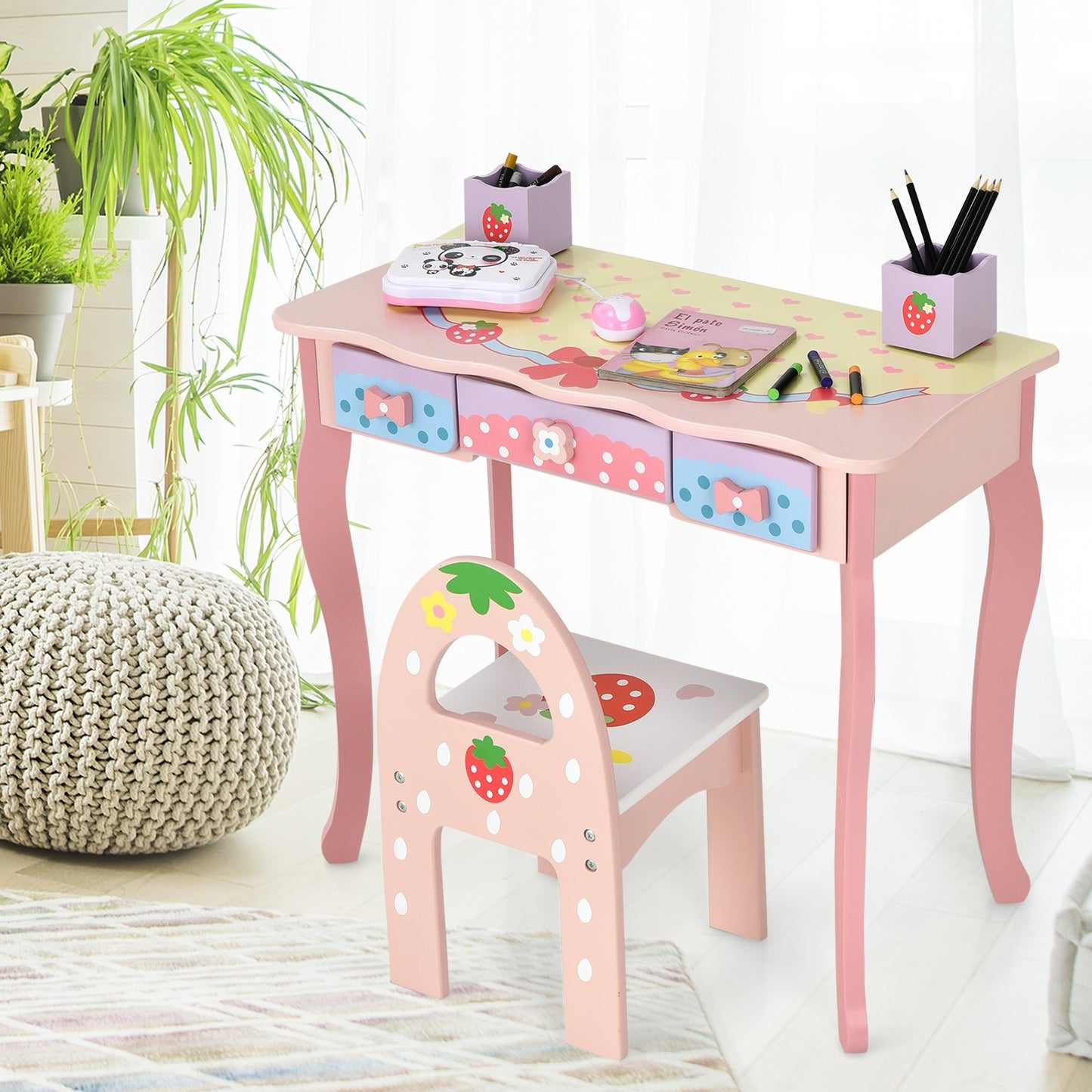 Kids Vanity Princess Makeup Dressing Table Chair Set with Tri-fold Mirror-Pink Kids Crystal