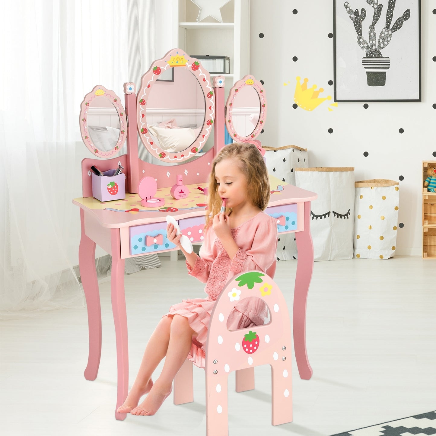 Kids Vanity Princess Makeup Dressing Table Chair Set with Tri-fold Mirror-Pink Kids Crystal