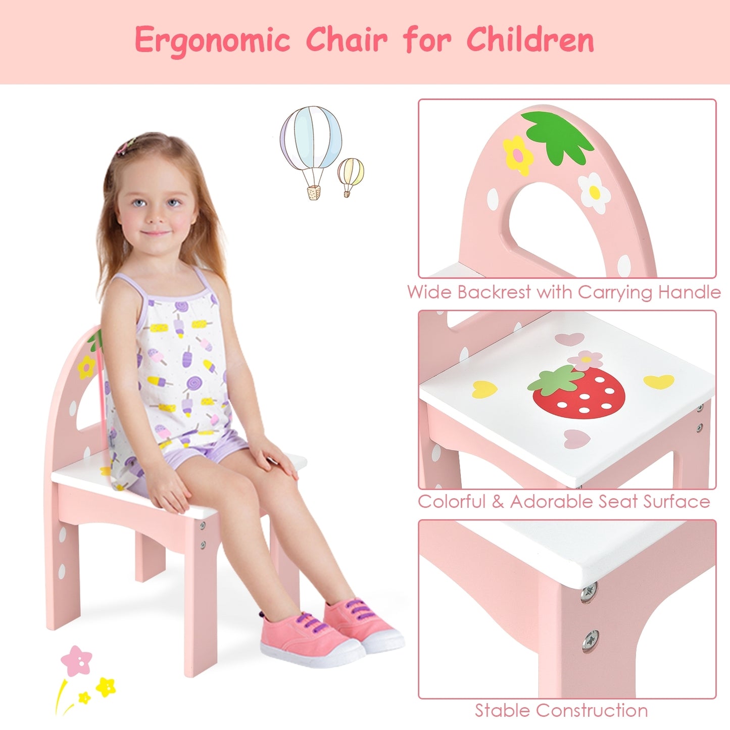Kids Vanity Princess Makeup Dressing Table Chair Set with Tri-fold Mirror-Pink Kids Crystal