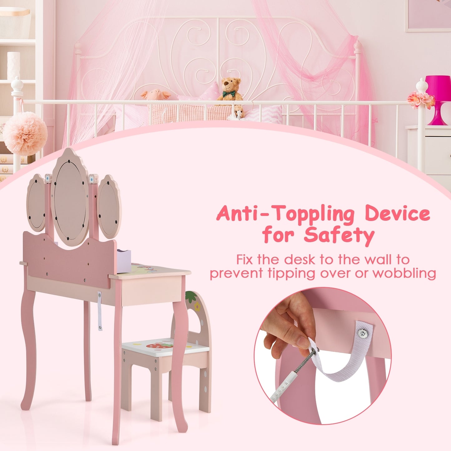 Kids Vanity Princess Makeup Dressing Table Chair Set with Tri-fold Mirror-Pink Kids Crystal