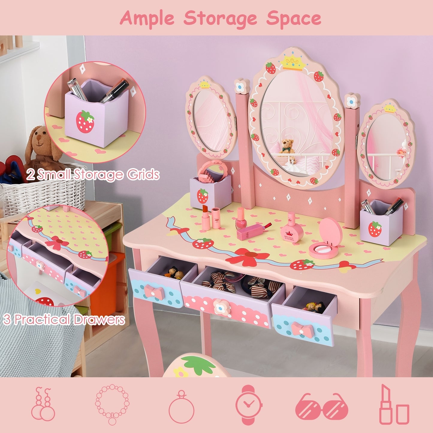 Kids Vanity Princess Makeup Dressing Table Chair Set with Tri-fold Mirror-Pink Kids Crystal