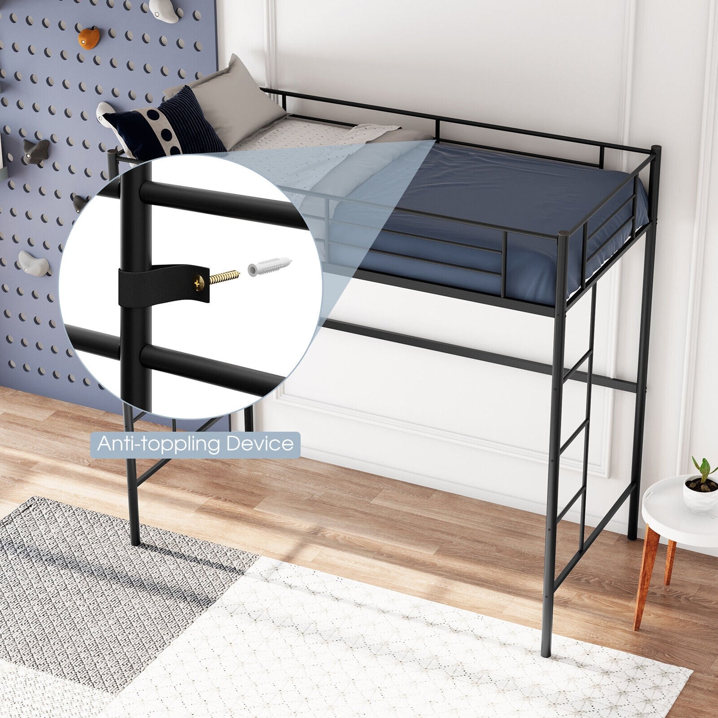 Twin Size Space-saving Metal Loft Bed with Full-Length Guardrail and 2 Ladders-Black Kids Crystal