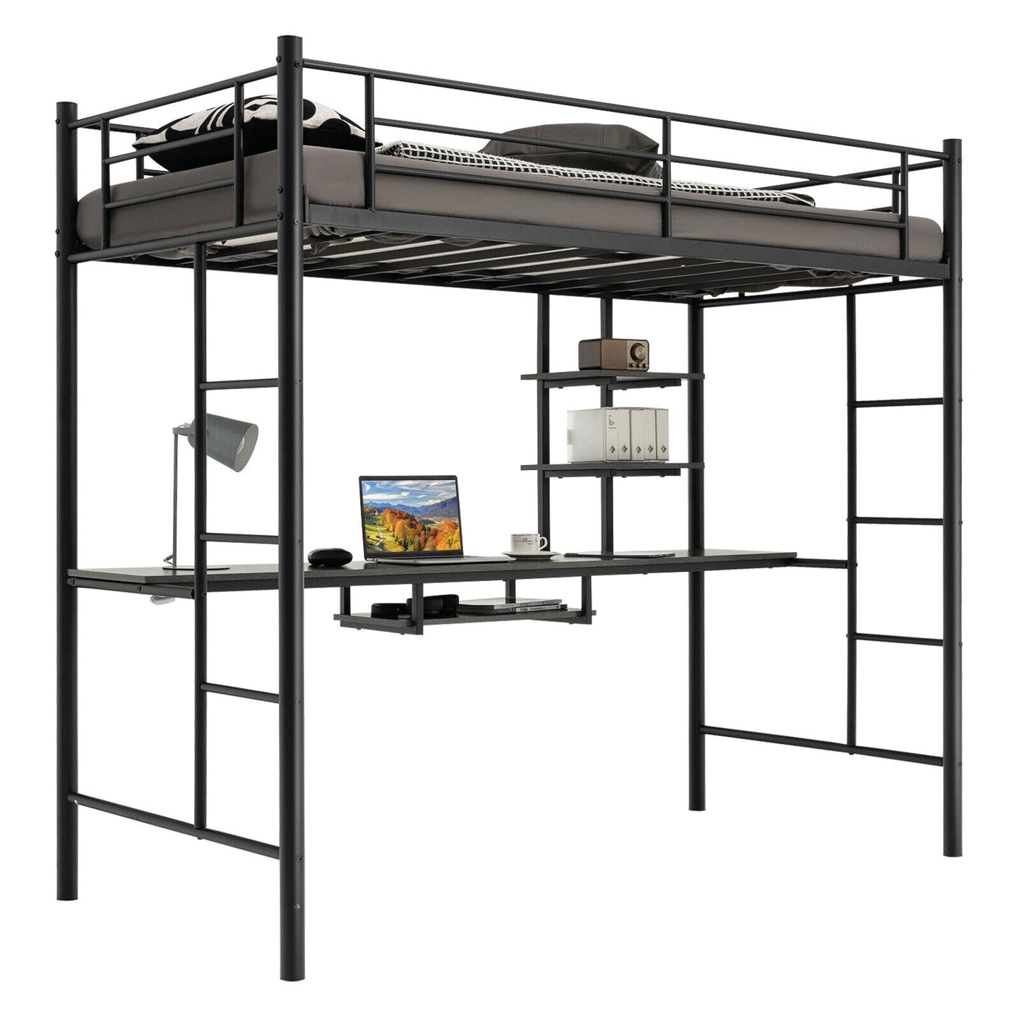 Twin Size Loft Bunk Bed with Desk Storage Shelf and Full Length Ladders-Black Kids Crystal
