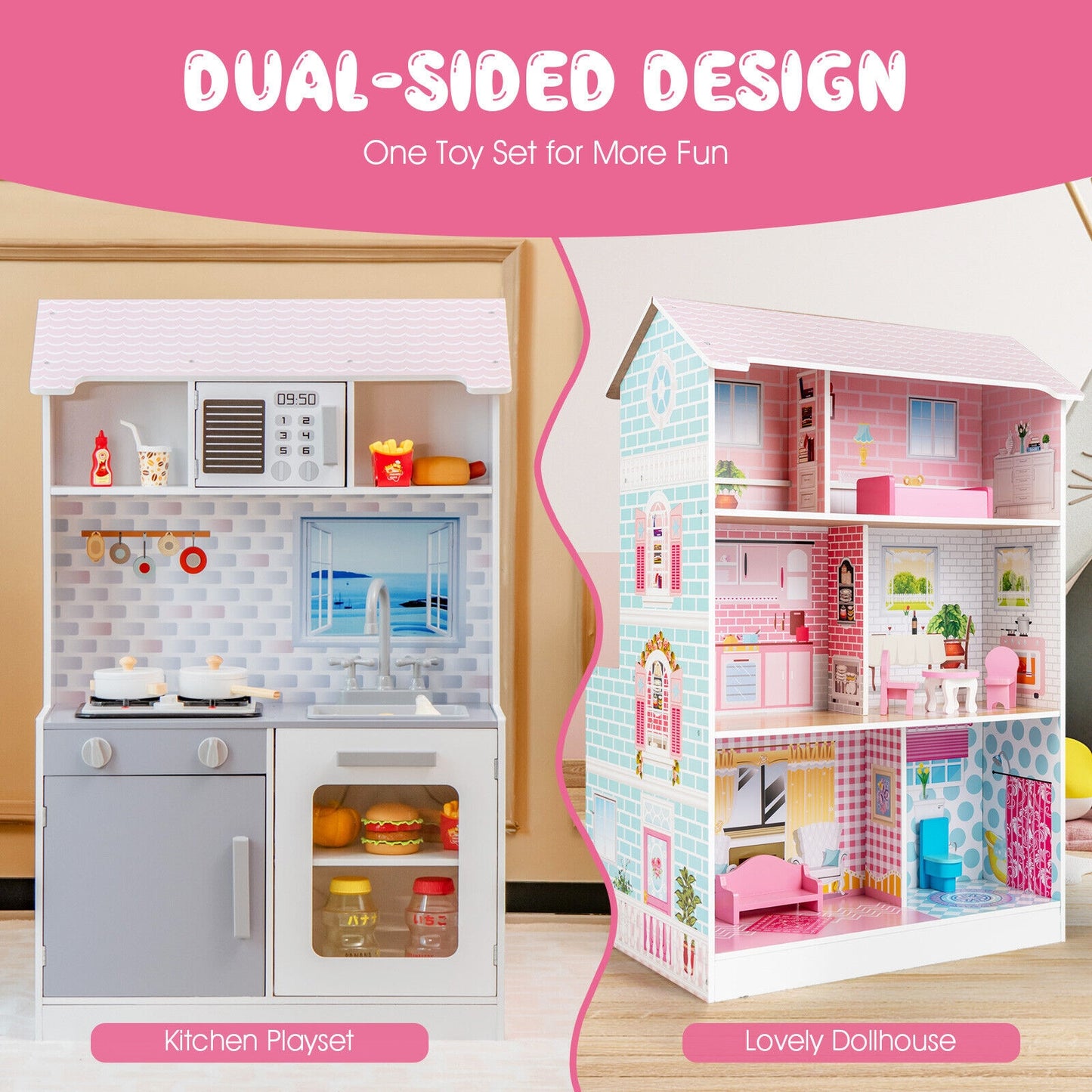 2-In-1 Double Sided Kids Kitchen Playset and Dollhouse with Furniture Kids Crystal