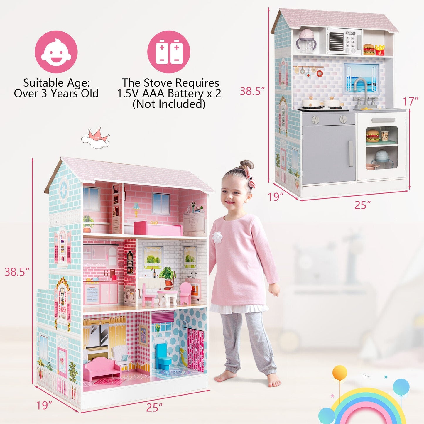 2-In-1 Double Sided Kids Kitchen Playset and Dollhouse with Furniture Kids Crystal