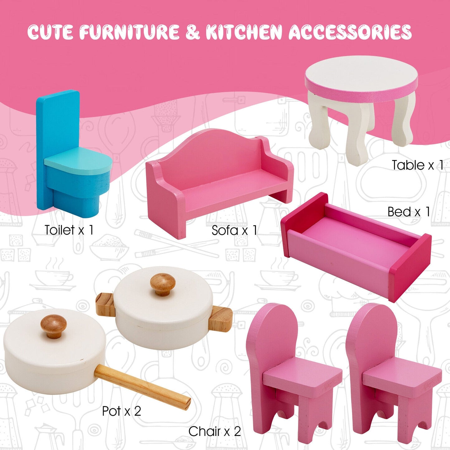 2-In-1 Double Sided Kids Kitchen Playset and Dollhouse with Furniture Kids Crystal