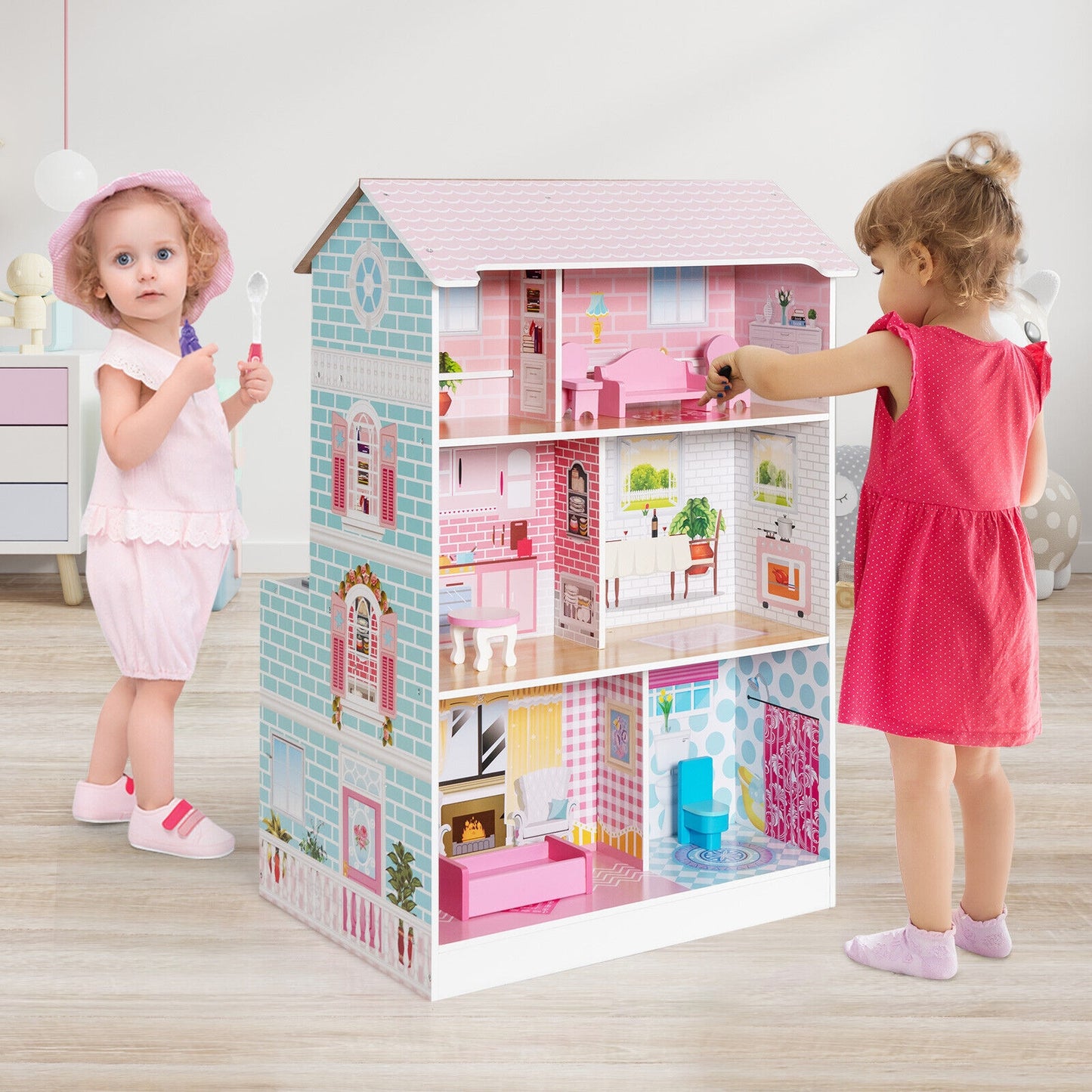 2-In-1 Double Sided Kids Kitchen Playset and Dollhouse with Furniture Kids Crystal