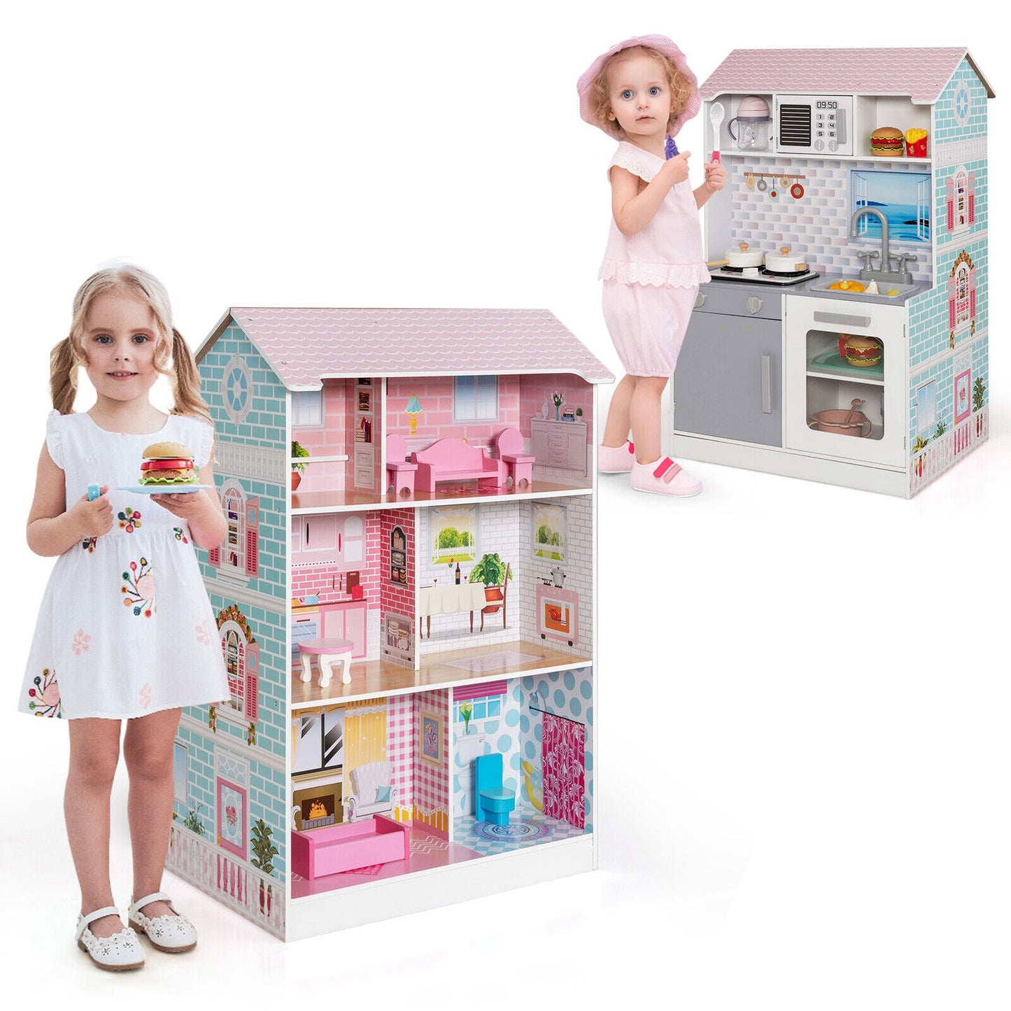 2-In-1 Double Sided Kids Kitchen Playset and Dollhouse with Furniture Kids Crystal