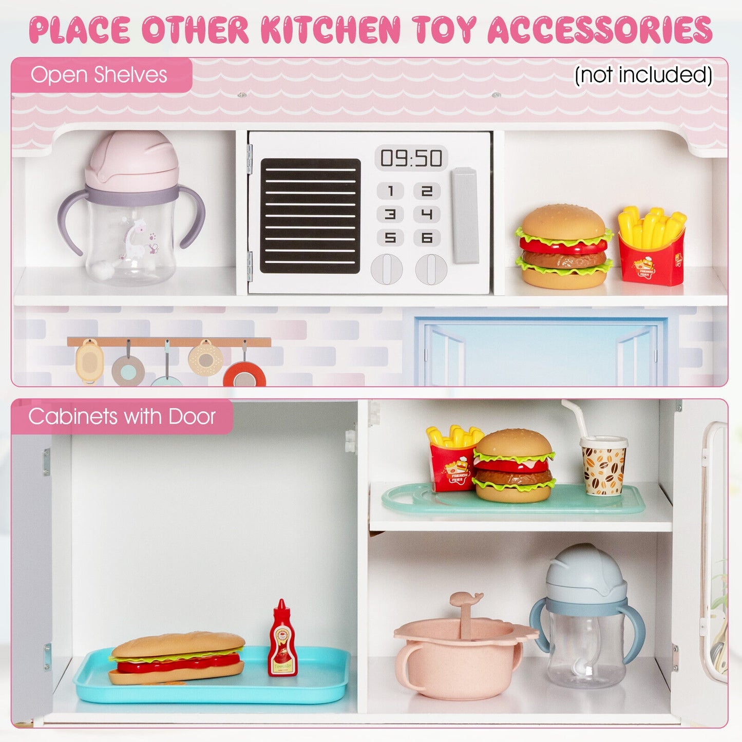 2-In-1 Double Sided Kids Kitchen Playset and Dollhouse with Furniture Kids Crystal