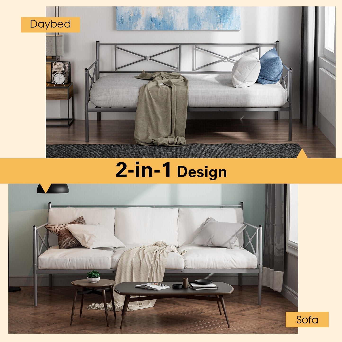 Metal Daybed Twin Bed Frame Stable Steel Slats Sofa Bed-Silver Kids Crystal