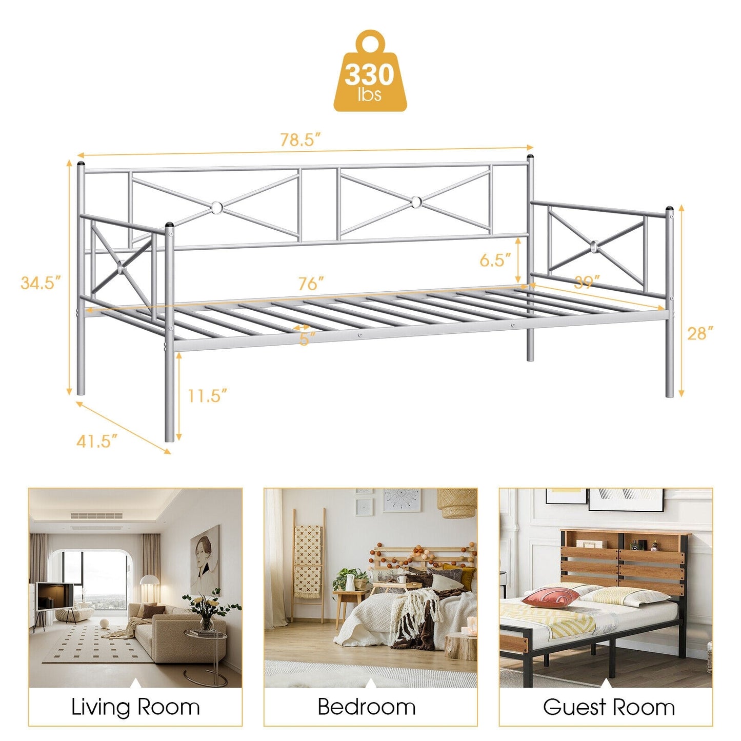 Metal Daybed Twin Bed Frame Stable Steel Slats Sofa Bed-Silver Kids Crystal