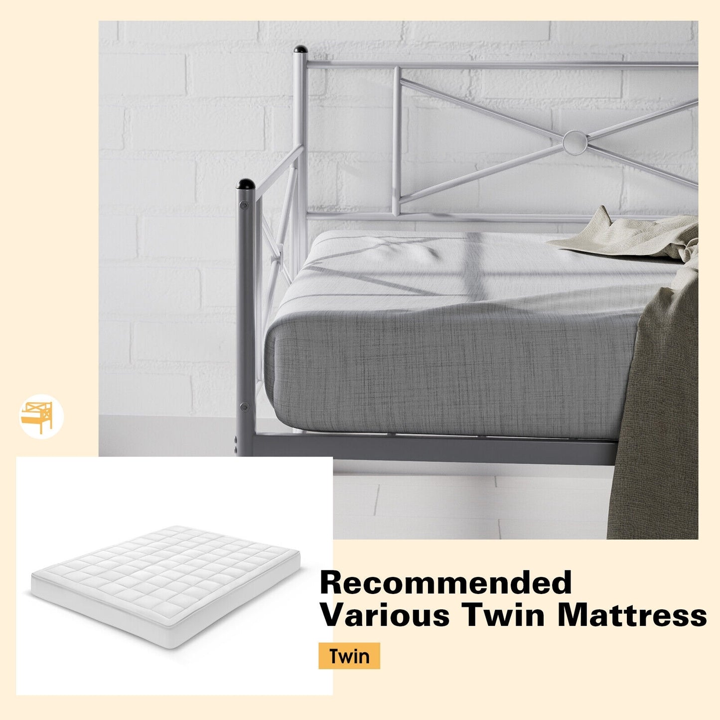 Metal Daybed Twin Bed Frame Stable Steel Slats Sofa Bed-Silver Kids Crystal