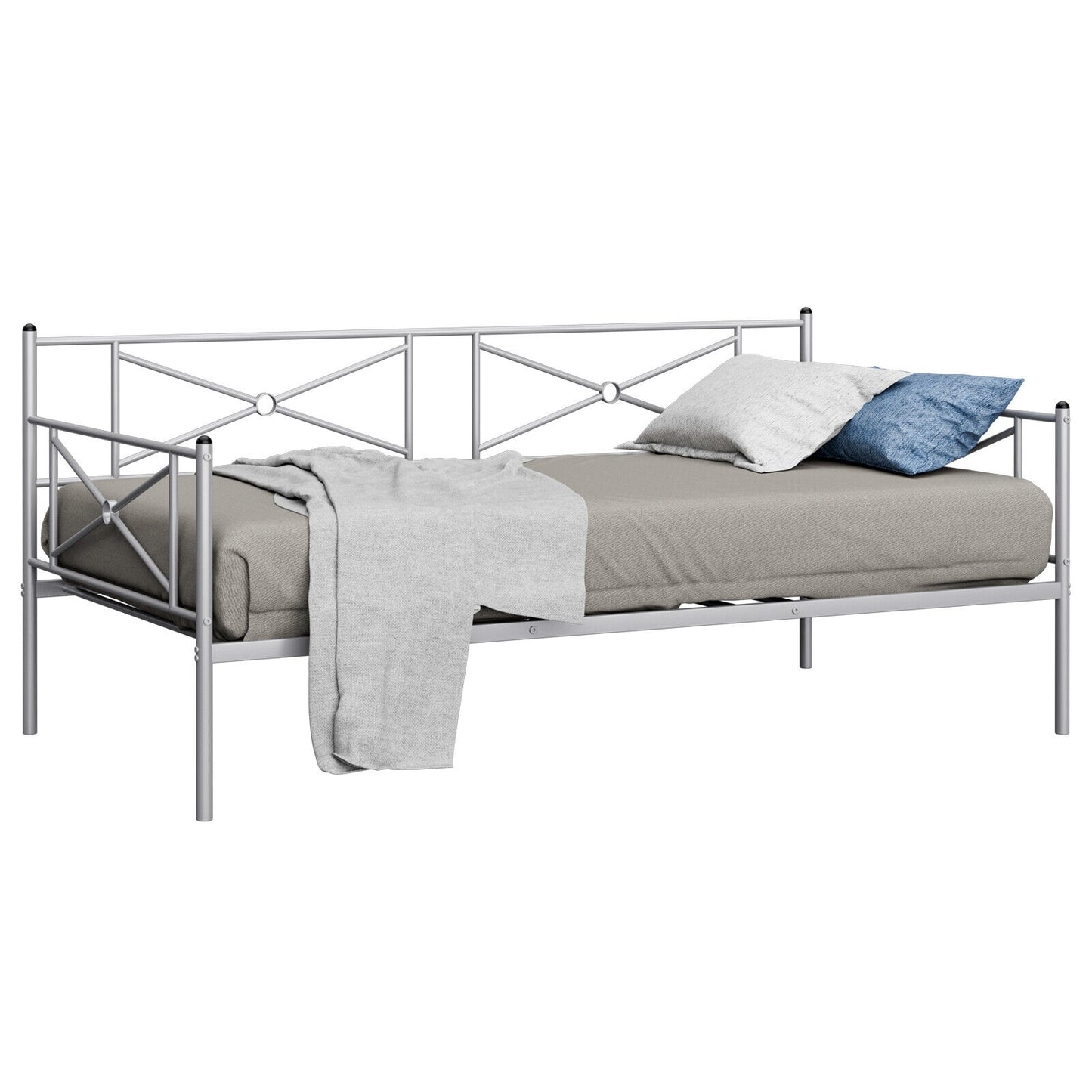 Metal Daybed Twin Bed Frame Stable Steel Slats Sofa Bed-Silver Kids Crystal