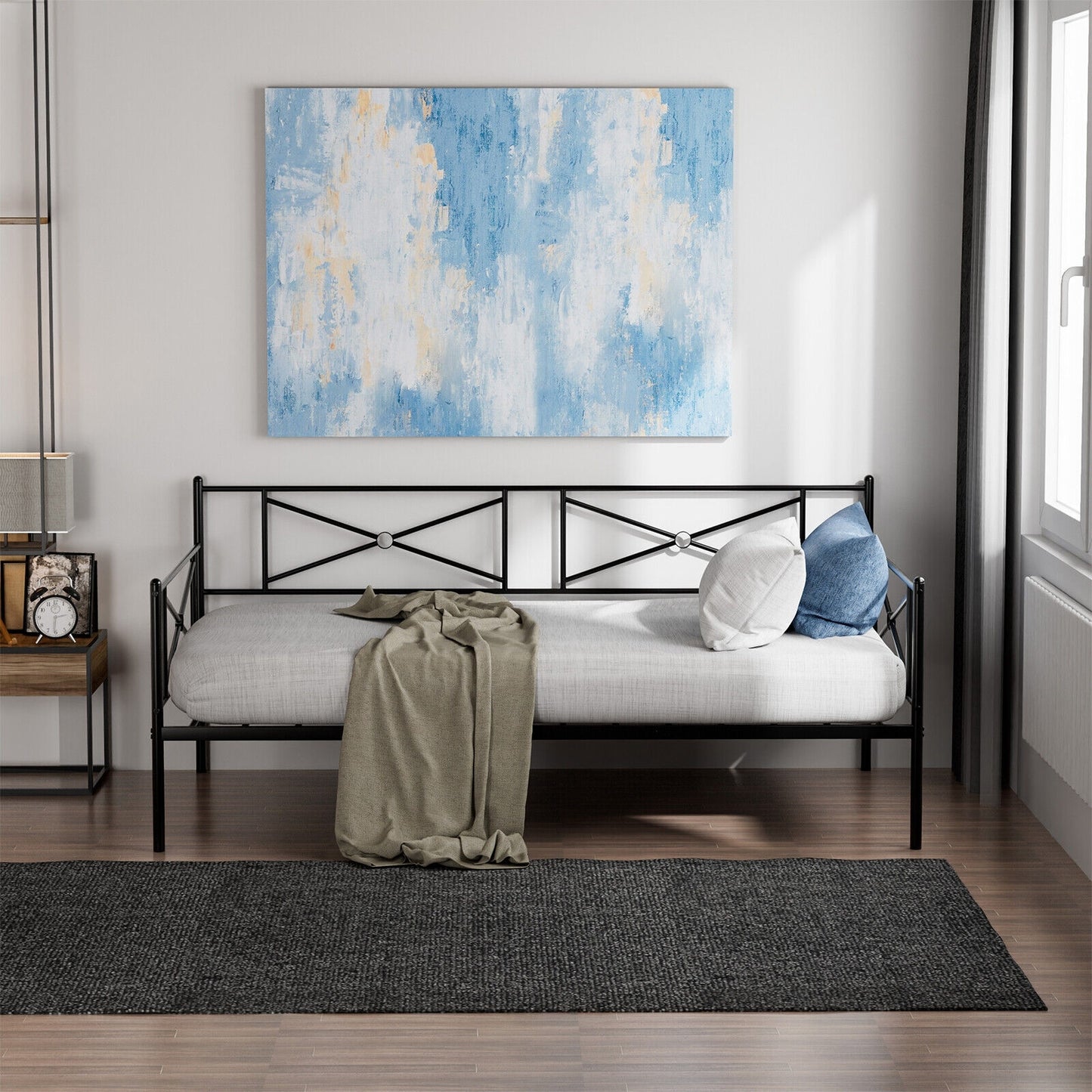 Metal Daybed Twin Bed Frame Stable Steel Slats Sofa Bed-Black Kids Crystal
