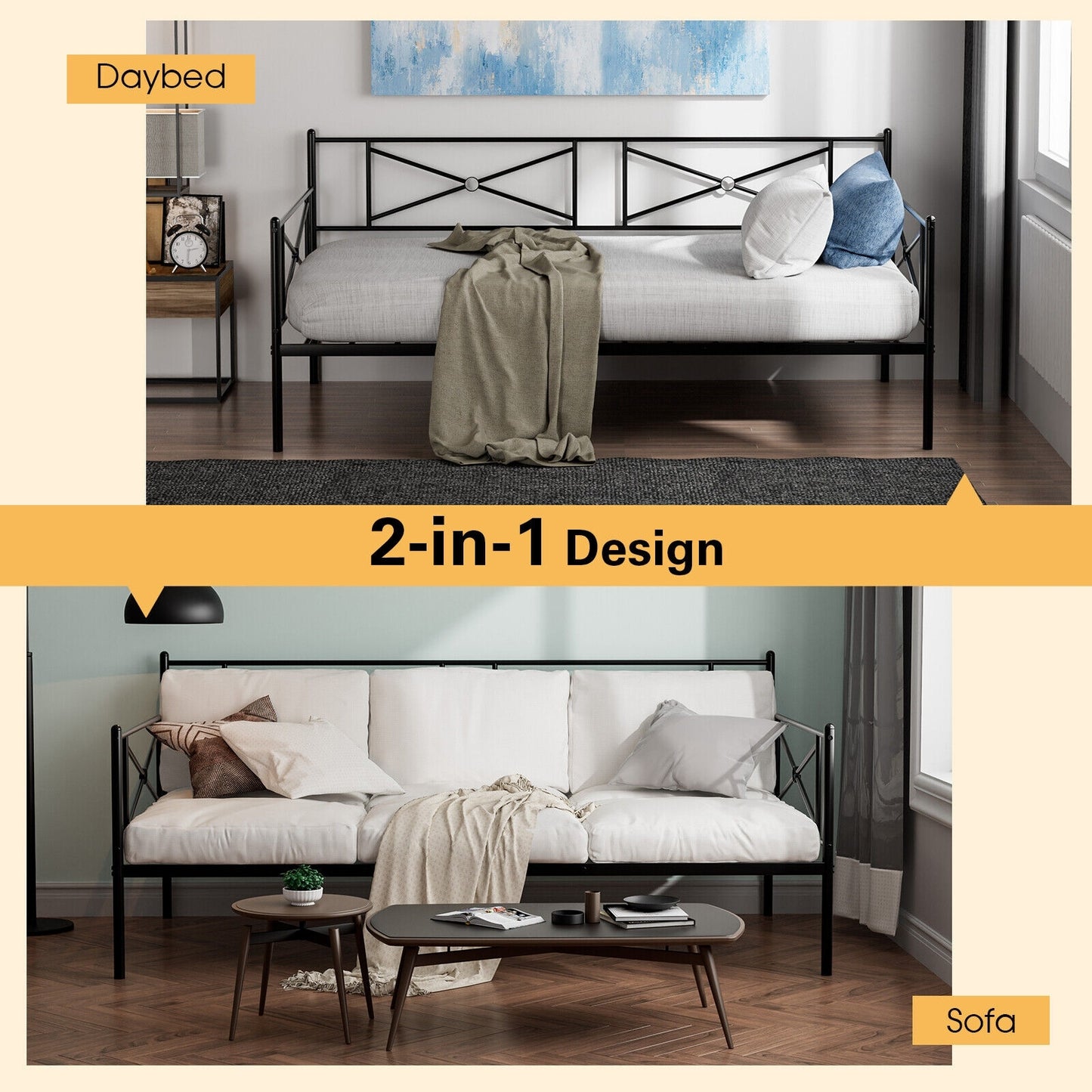 Metal Daybed Twin Bed Frame Stable Steel Slats Sofa Bed-Black Kids Crystal