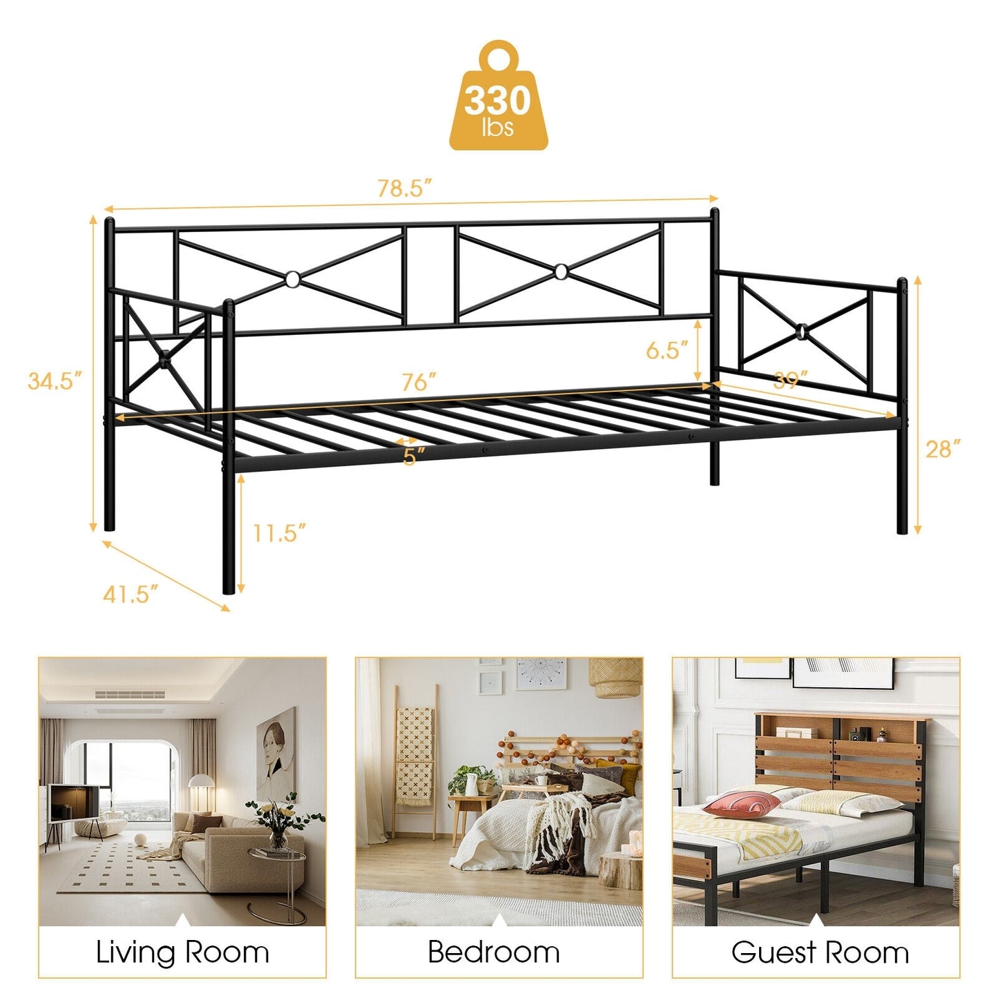 Metal Daybed Twin Bed Frame Stable Steel Slats Sofa Bed-Black Kids Crystal