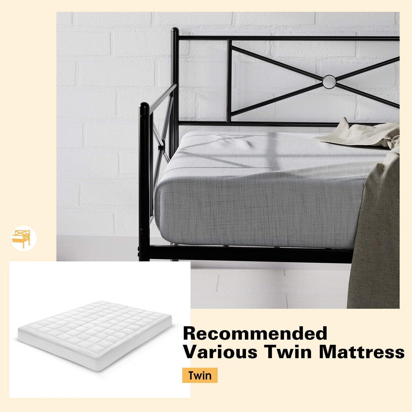 Metal Daybed Twin Bed Frame Stable Steel Slats Sofa Bed-Black Kids Crystal