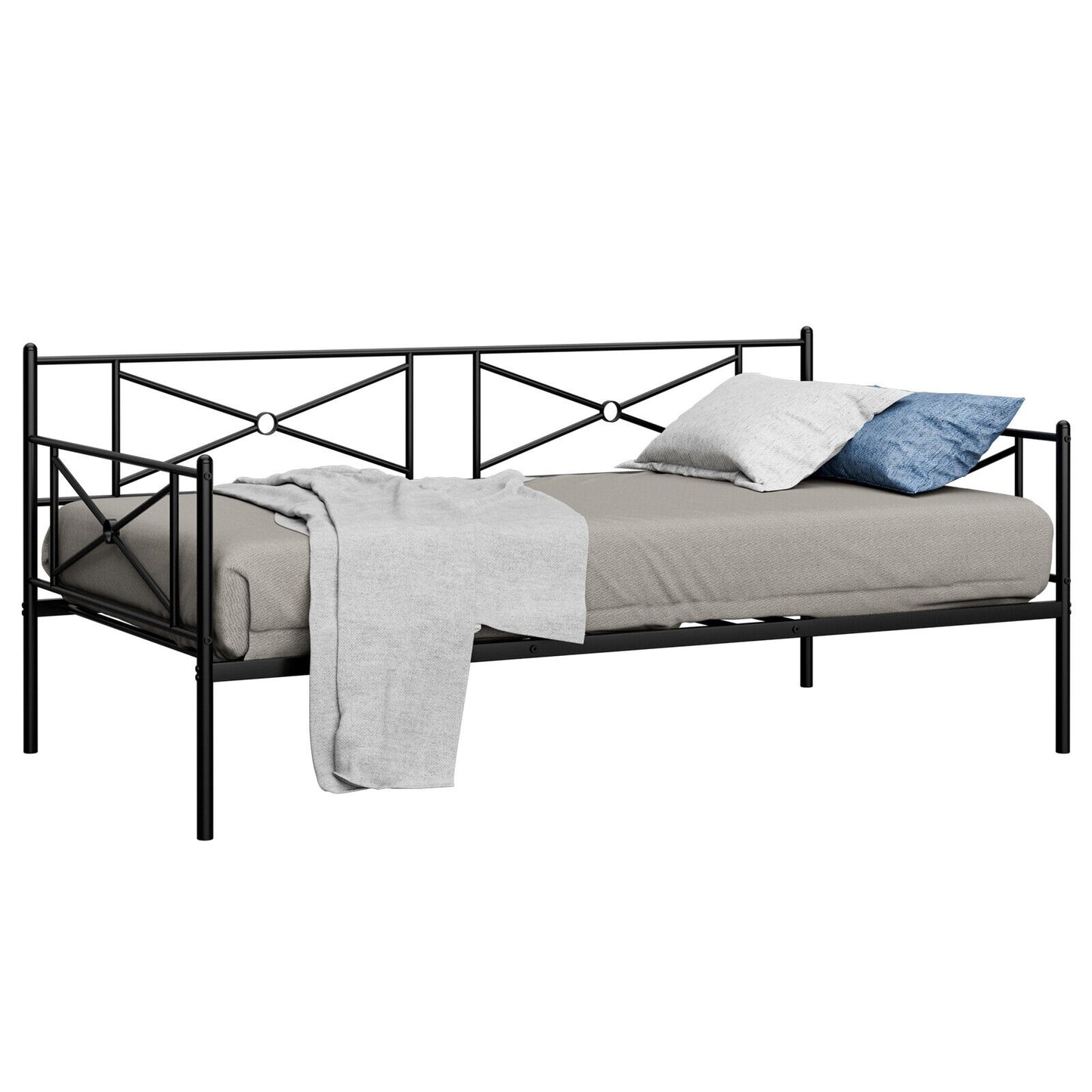 Metal Daybed Twin Bed Frame Stable Steel Slats Sofa Bed-Black Kids Crystal