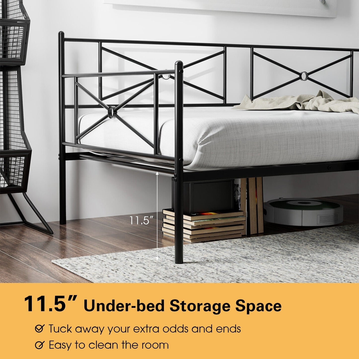 Metal Daybed Twin Bed Frame Stable Steel Slats Sofa Bed-Black Kids Crystal